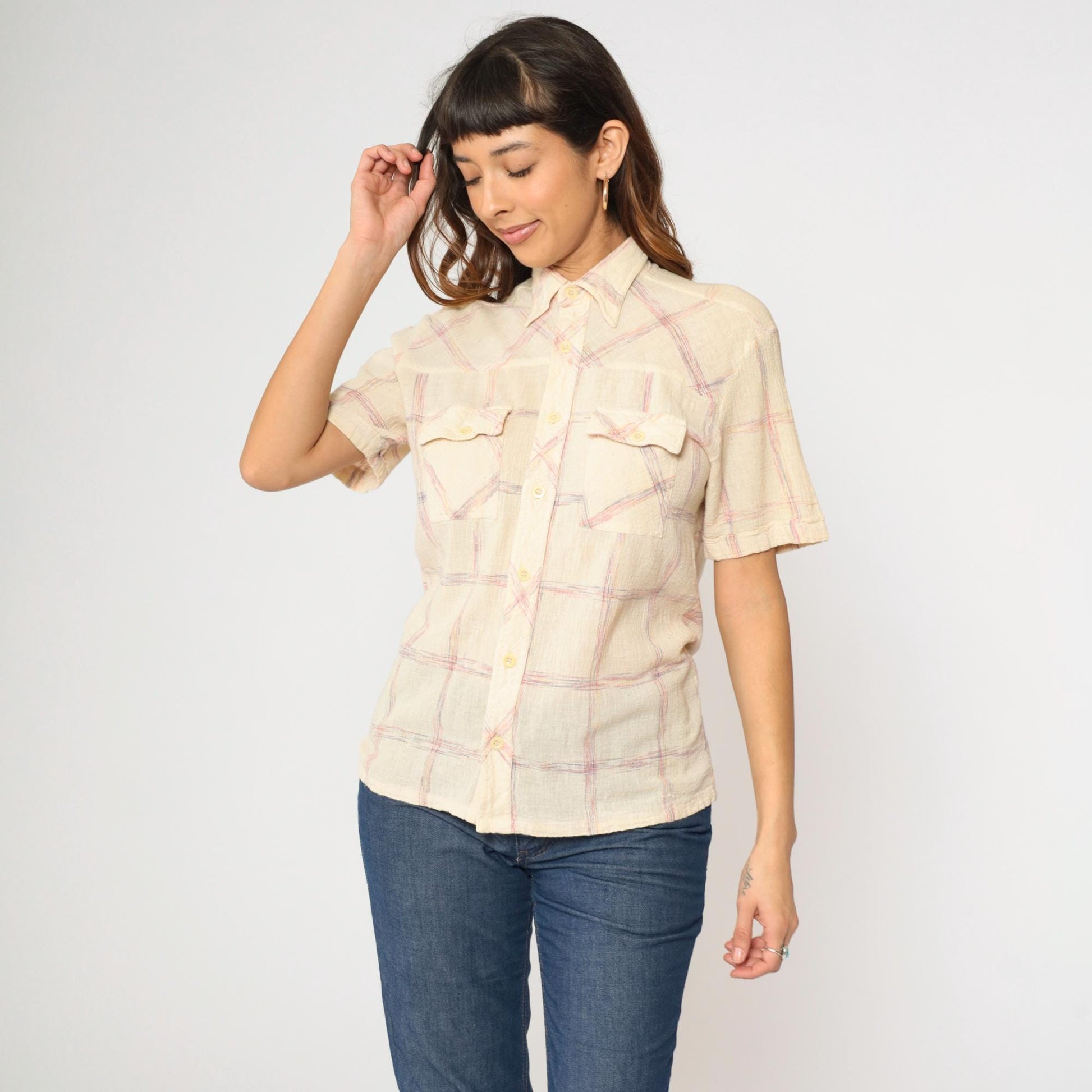 70s Trouper Gauze Plaid Shirt Cream Pointed Collar Button Up Medium