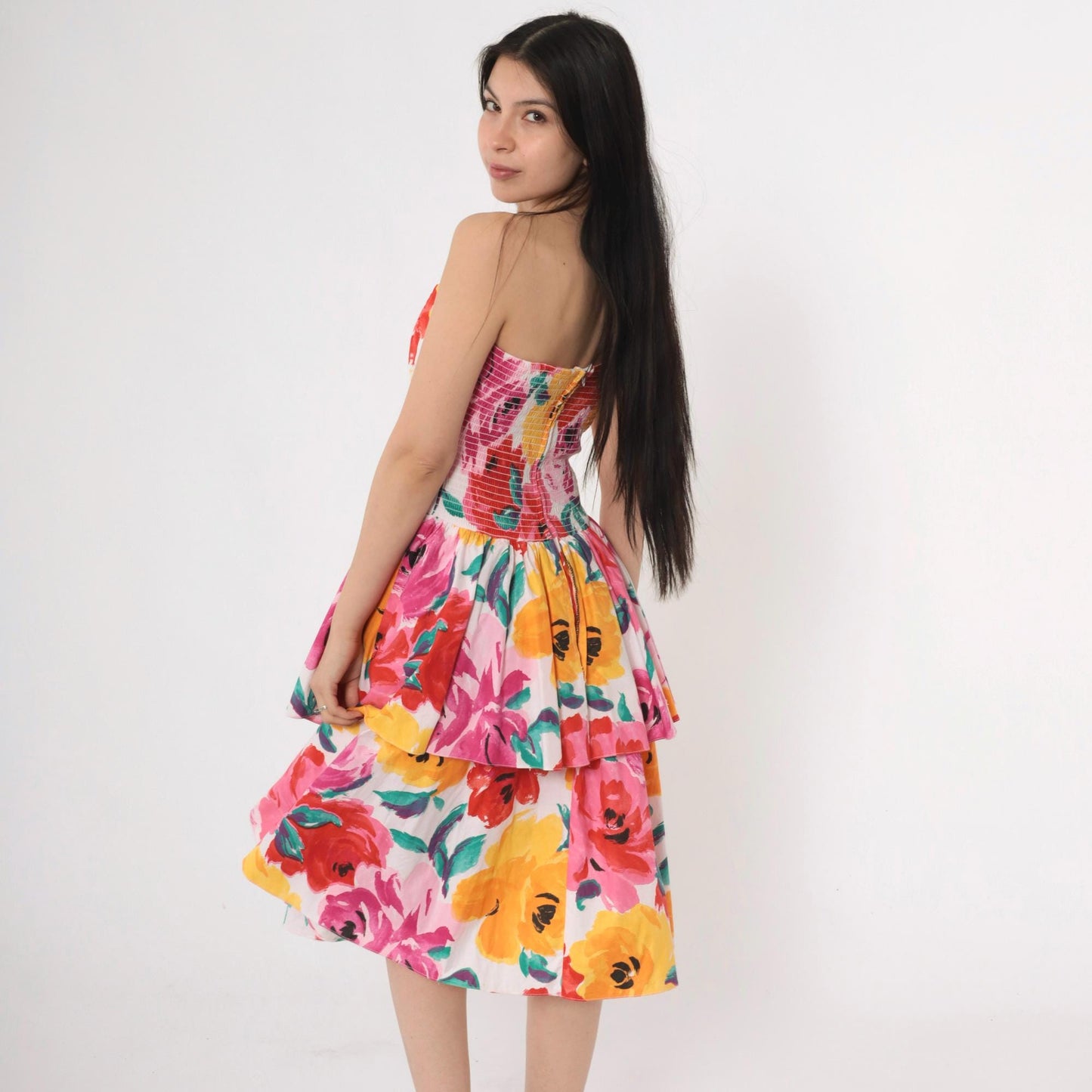 80s Robbie Bee Strapless Floral Midi Dress Sweetheart Neckline Smocked Pink Yellow Small Medium