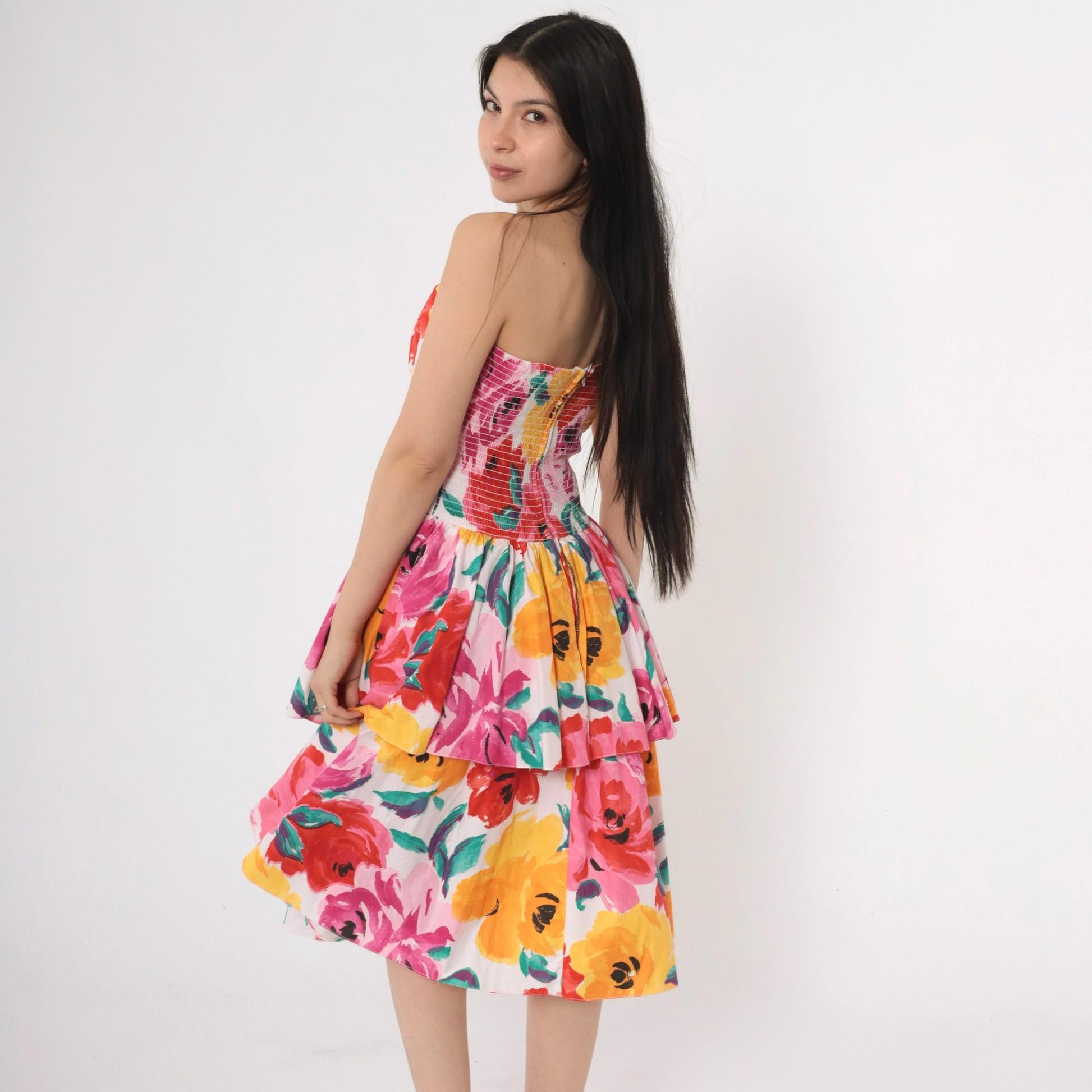 80s Robbie Bee Strapless Floral Midi Dress Sweetheart Neckline Smocked Pink Yellow Small Medium