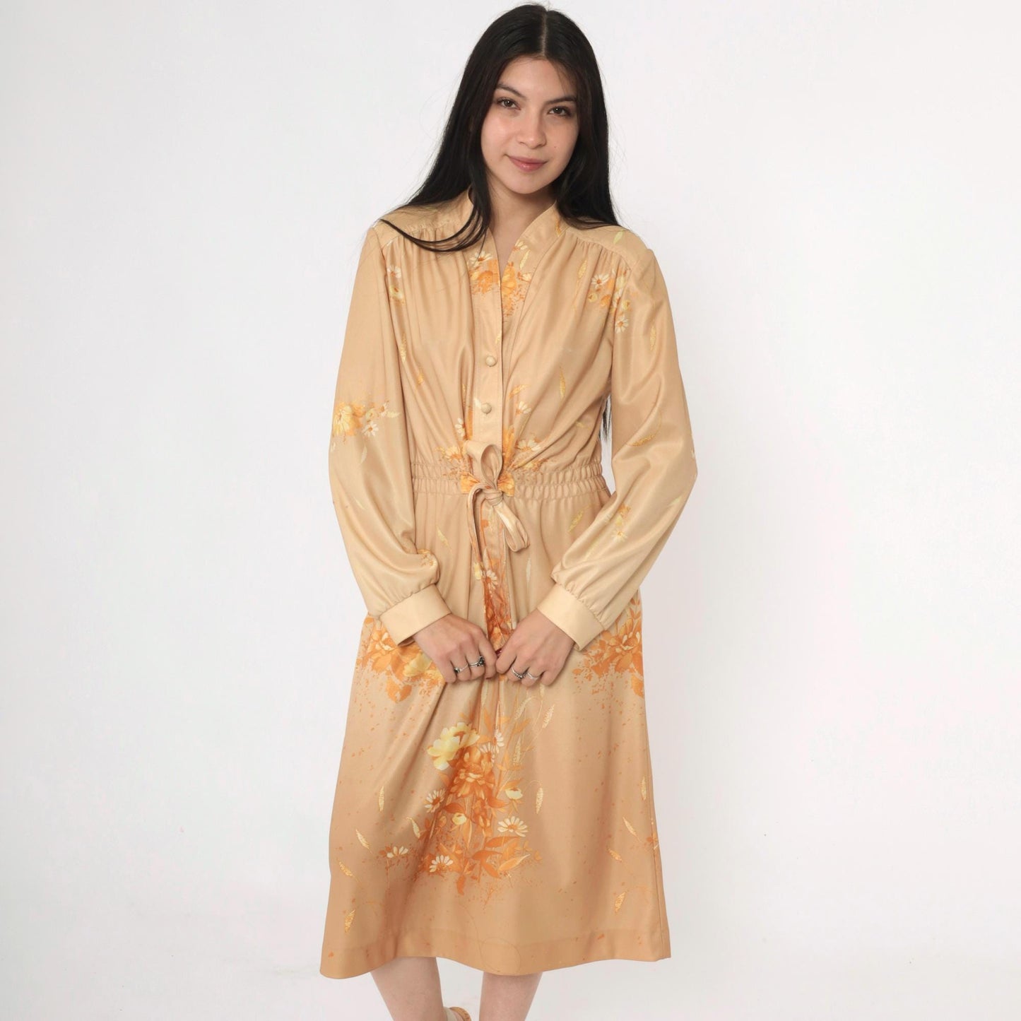 70s Tan Floral Midi Dress Button-Up Smocked Waist Tie Belt Long Sleeve Medium