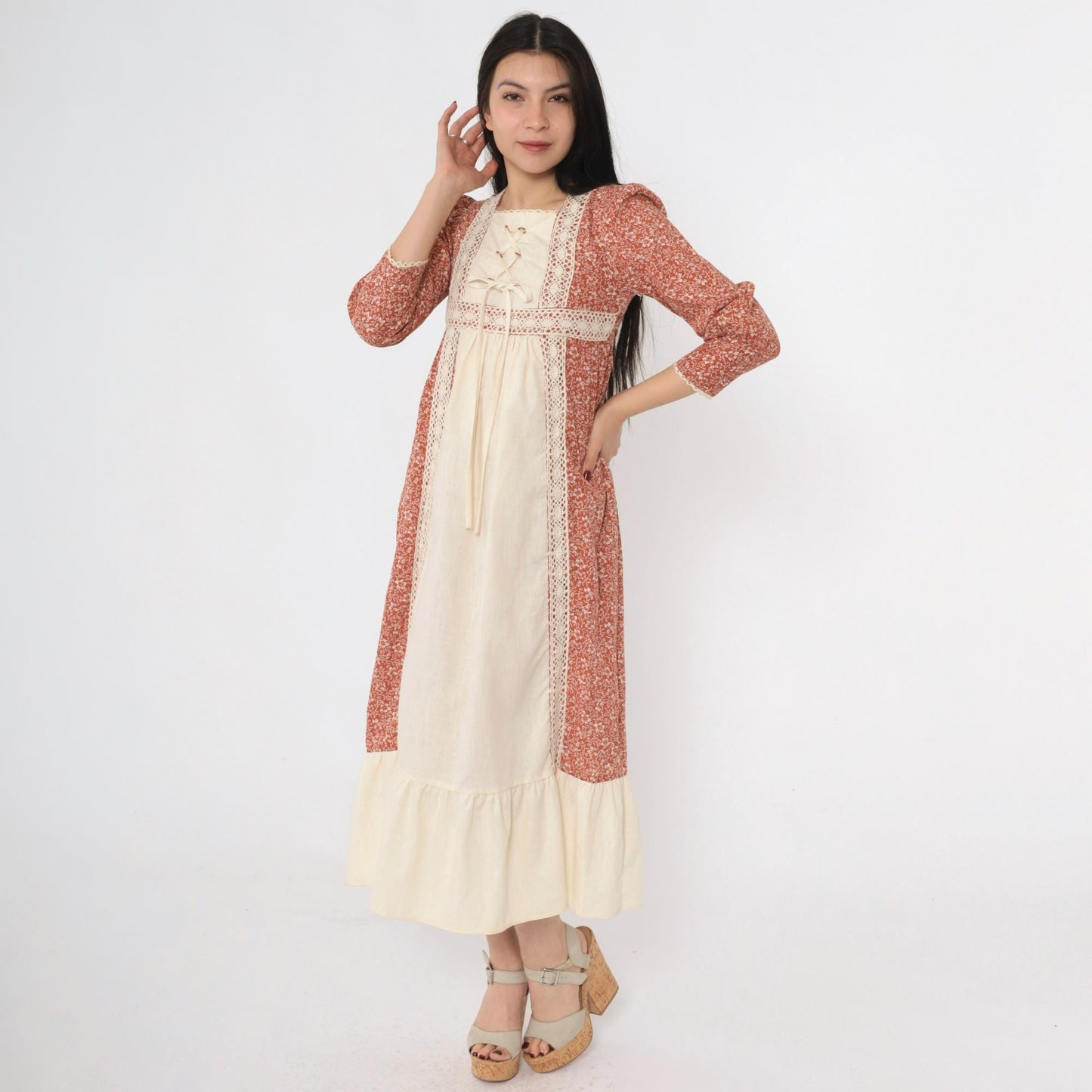 70s Prairie Dress Burnt Orange Calico Floral Midi Puff Sleeve Lace-Up Small