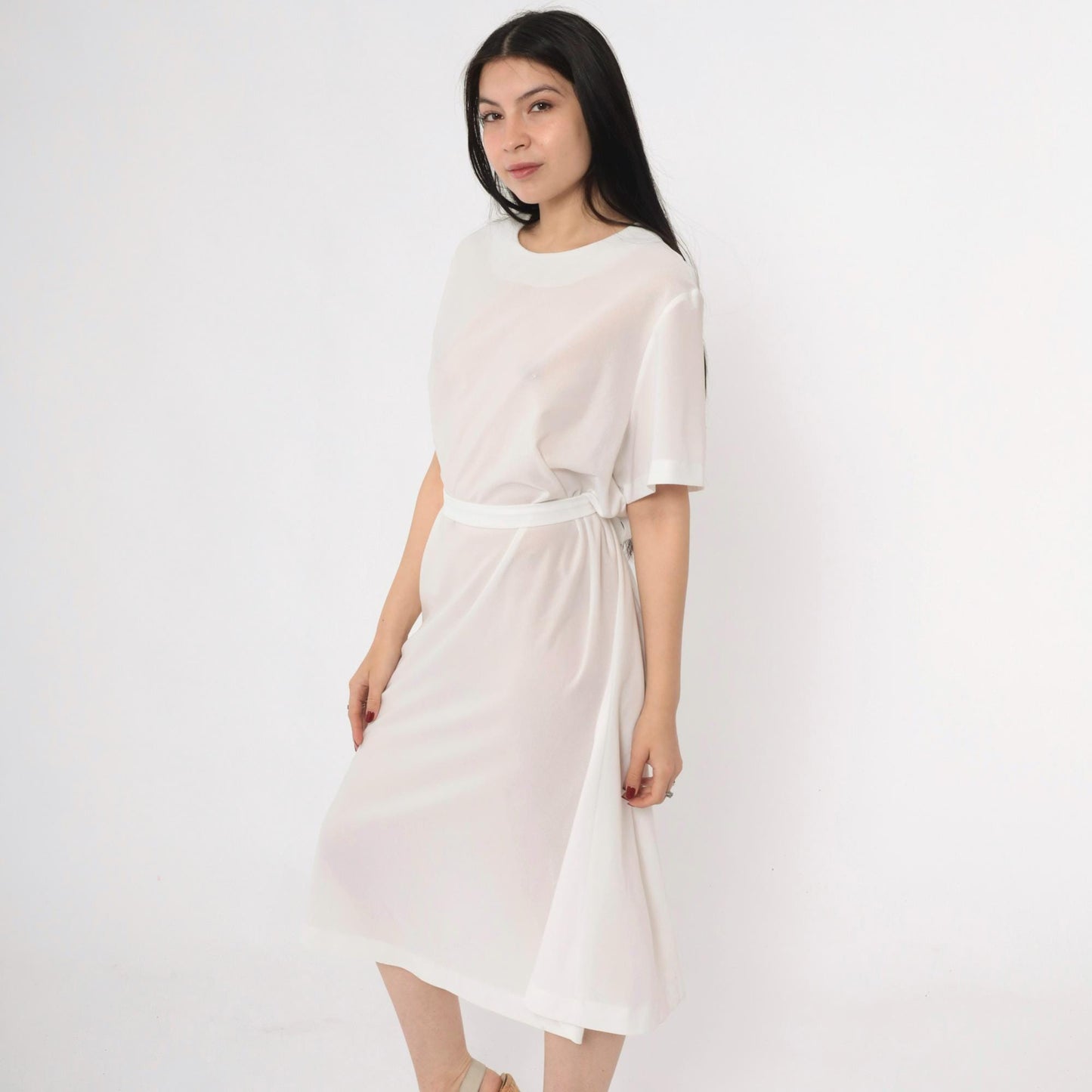 70s Sheer White Shift Dress Tie Belt Short Sleeve Mini Plus Size XXL