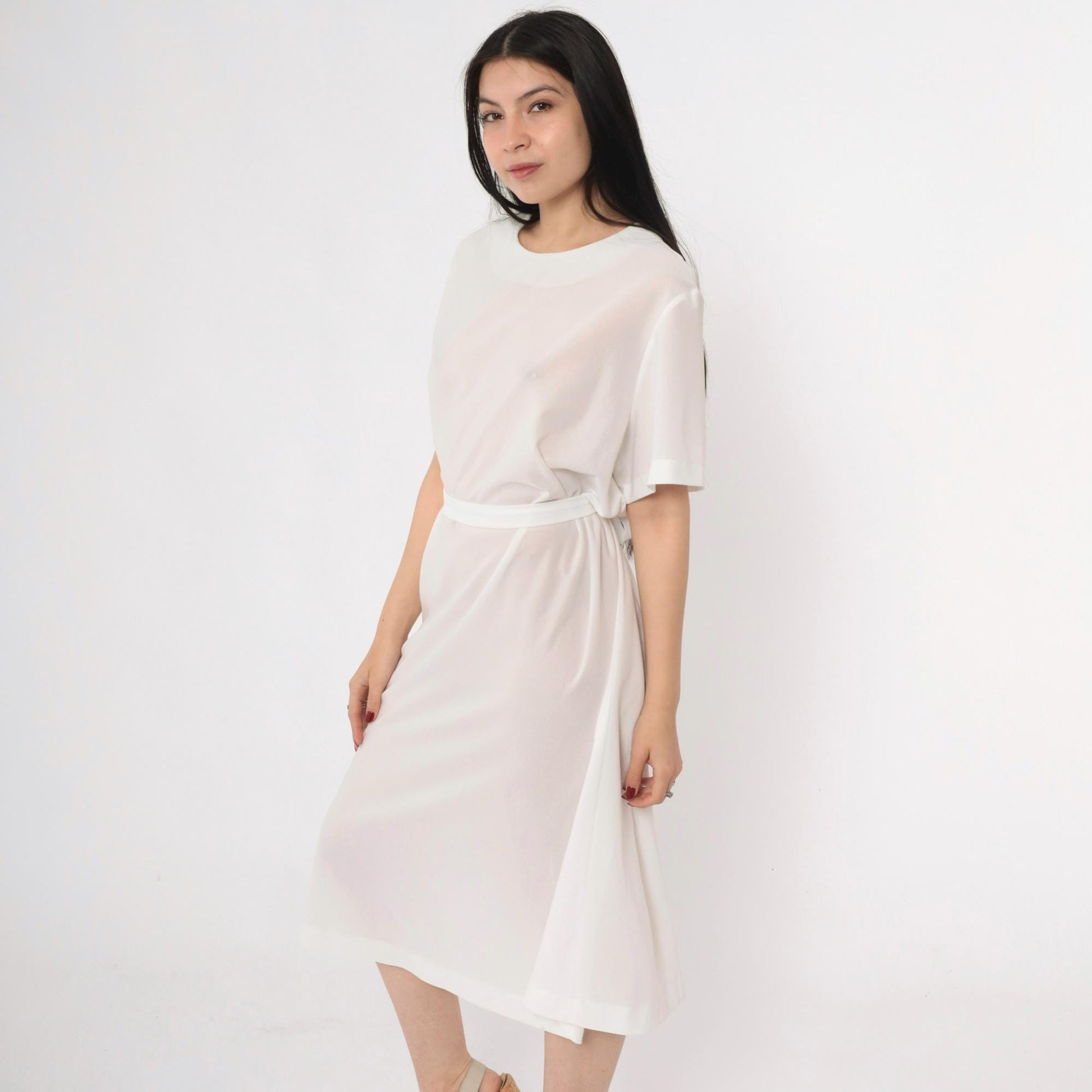 70s Sheer White Shift Dress Tie Belt Short Sleeve Mini Plus Size XXL