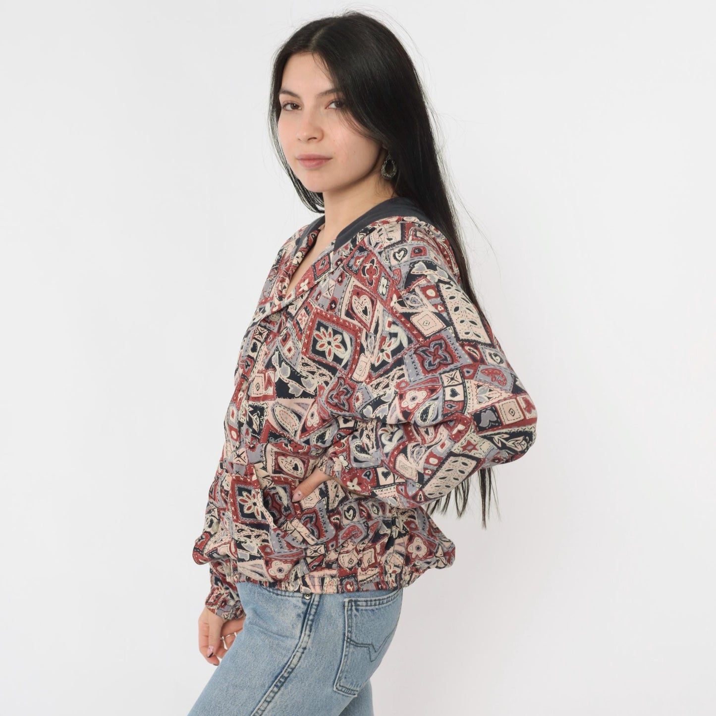 90s Patchwork Hooded Windbreaker Jacket Hearts Floral Rust Red Large L