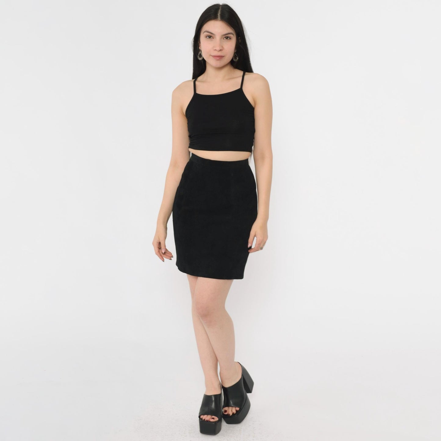 80s Black Suede Mini Skirt High Waist Bodycon Leather Extra Small