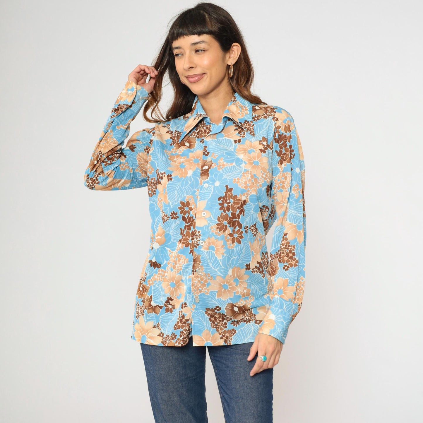 70s Prince Igor Floral Button-Up Shirt Blue Brown Tan Dagger Collar Medium