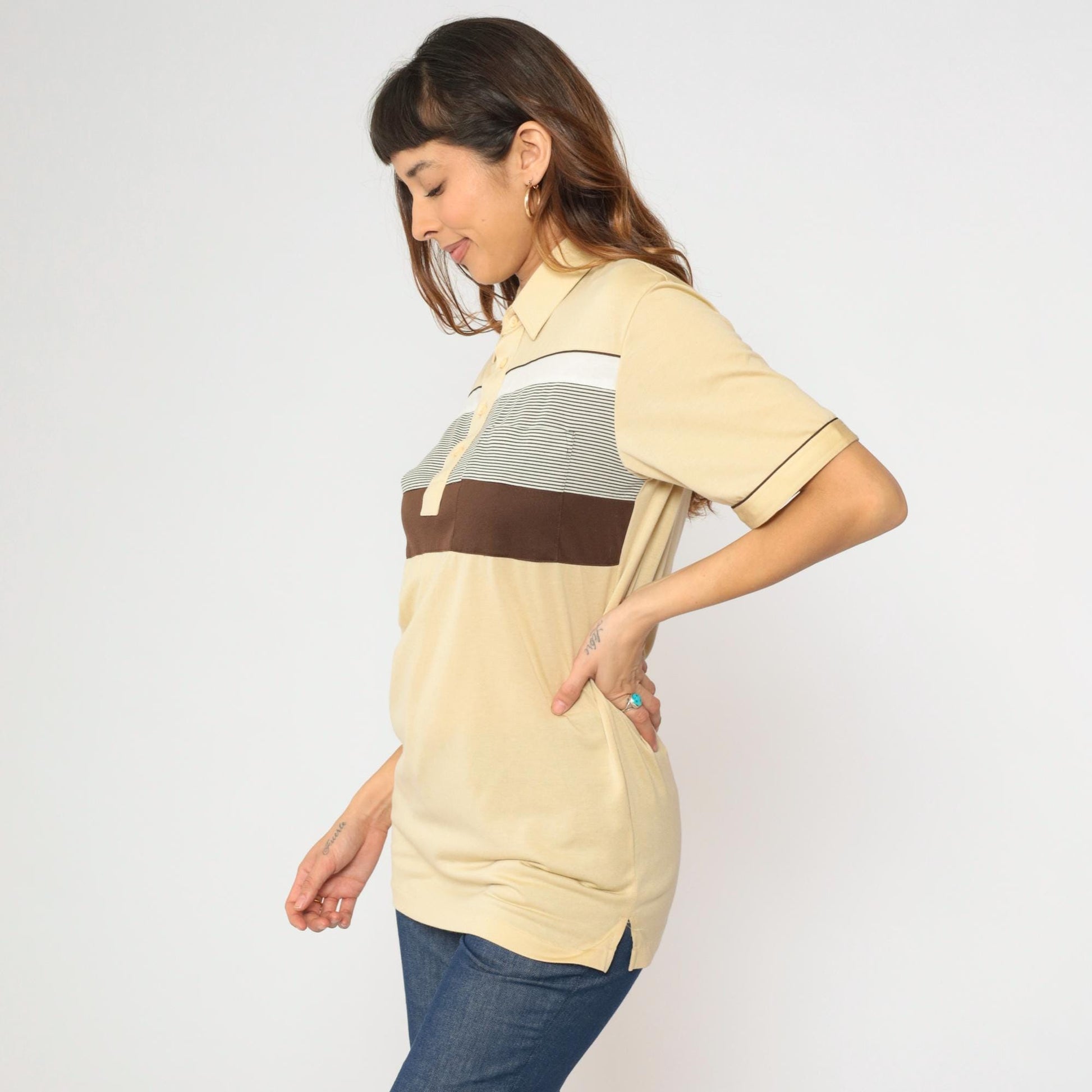 80s Anthony's Cream Striped Polo Shirt Brown White Collared Medium