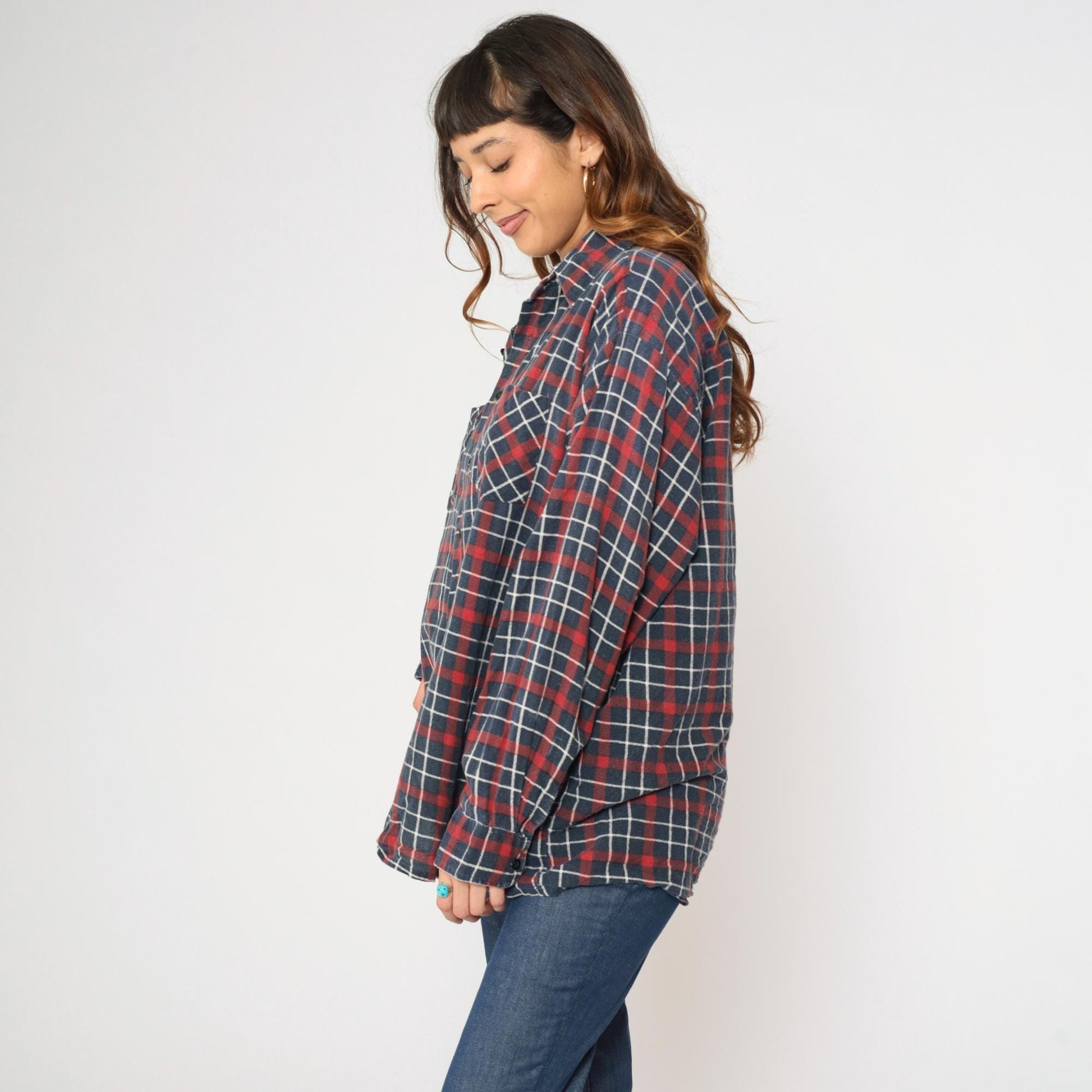 90s Saugatuck Drygoods Plaid Flannel Shirt Red Blue Cotton Button Up Extra Large