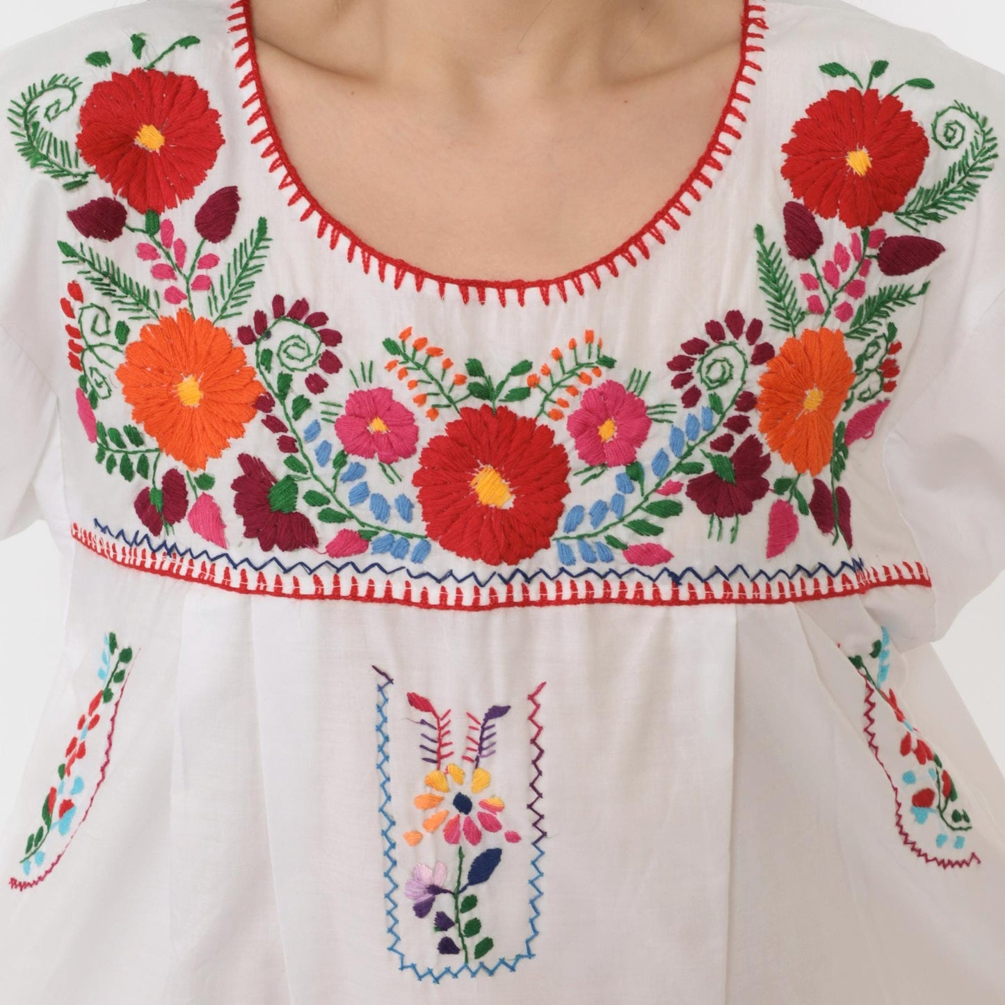 Y2K Mexican Floral Embroidered White Cotton Mini Dress Medium M
