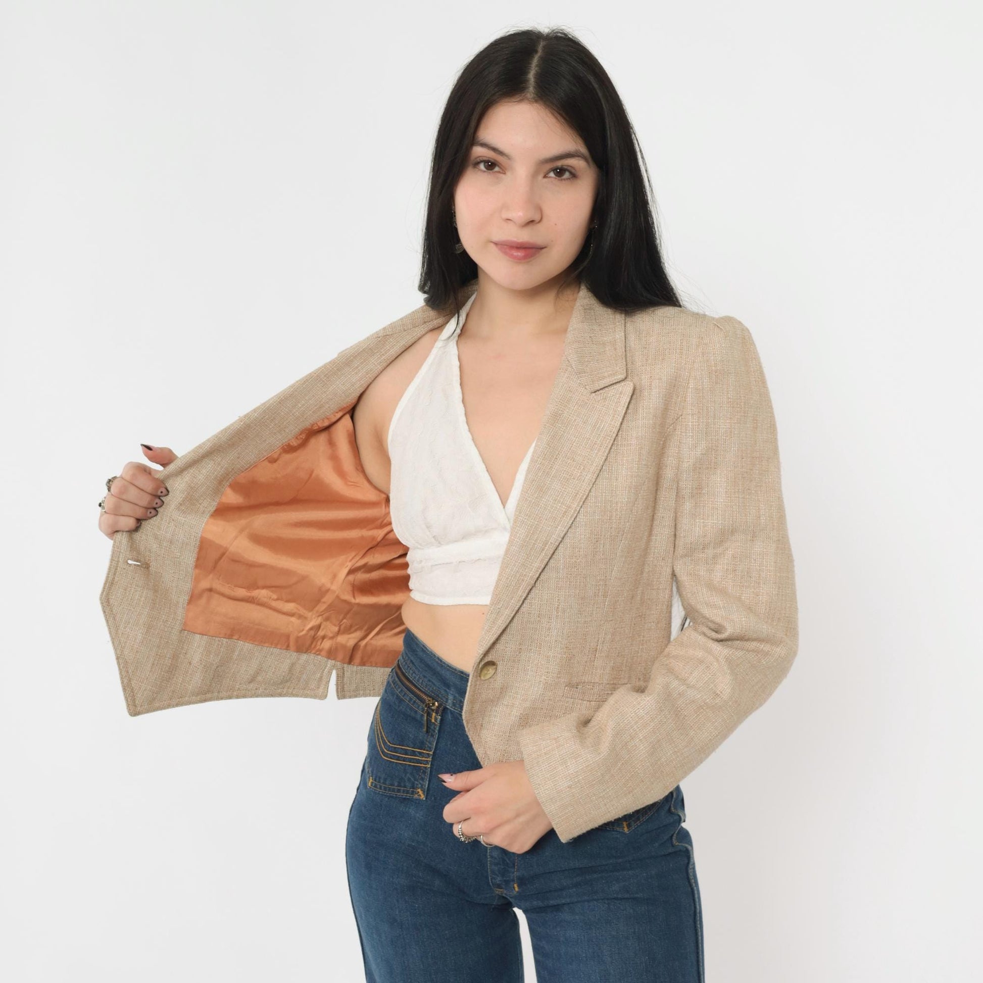80s Tan Textured Blazer Puff Sleeve Single Button Cropped Tailored Medium