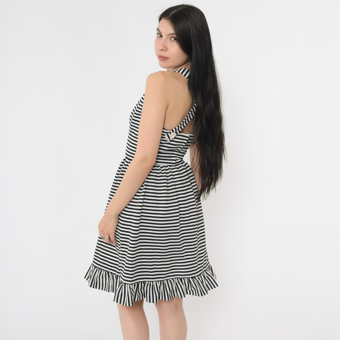 70s Joan Leslie Black White Striped Fit Flare Dress Criss-Cross Back Extra Small