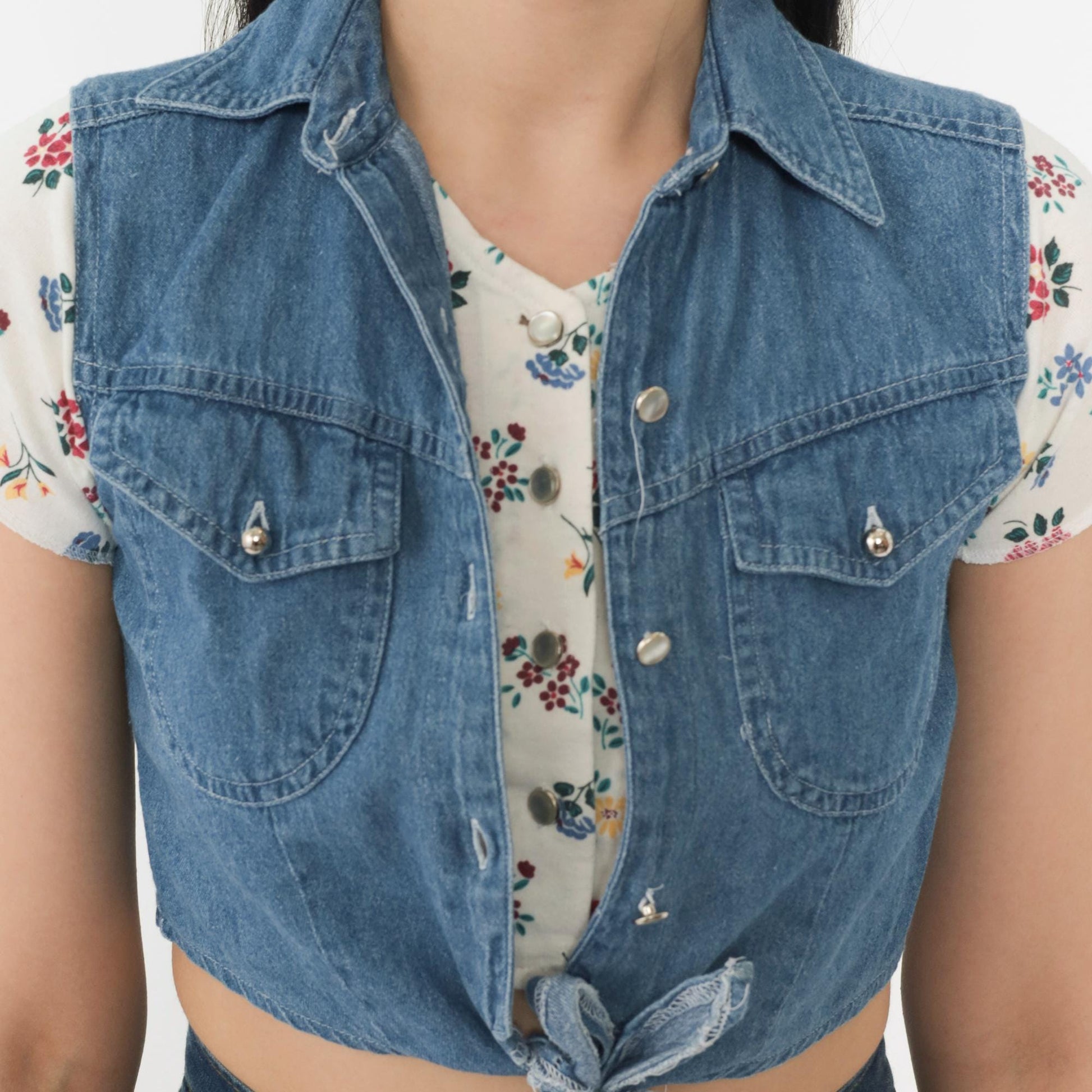 90s Floral Crop Top With Attached Denim Vest Button Up Blouse White XXS
