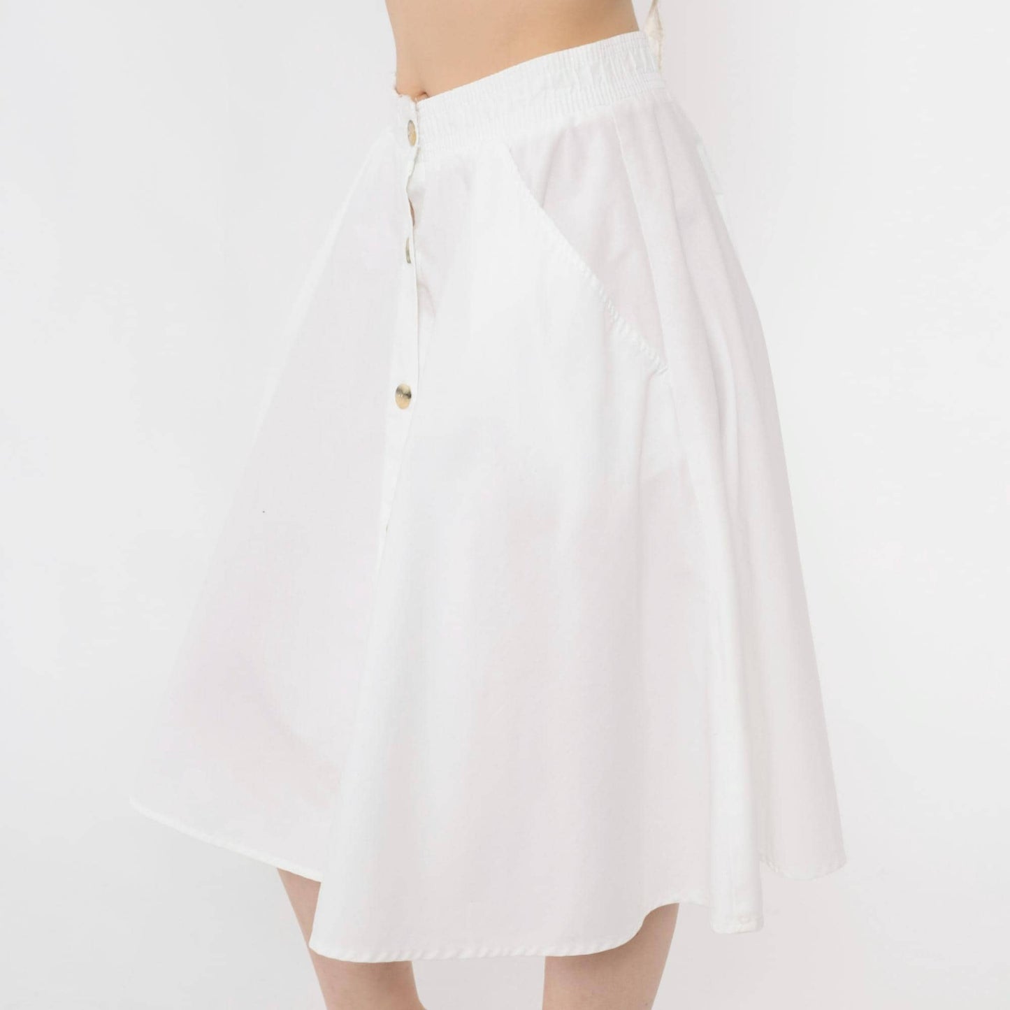 80s West Park White Button-Up Midi Skirt High Waist A-Line Pockets Small