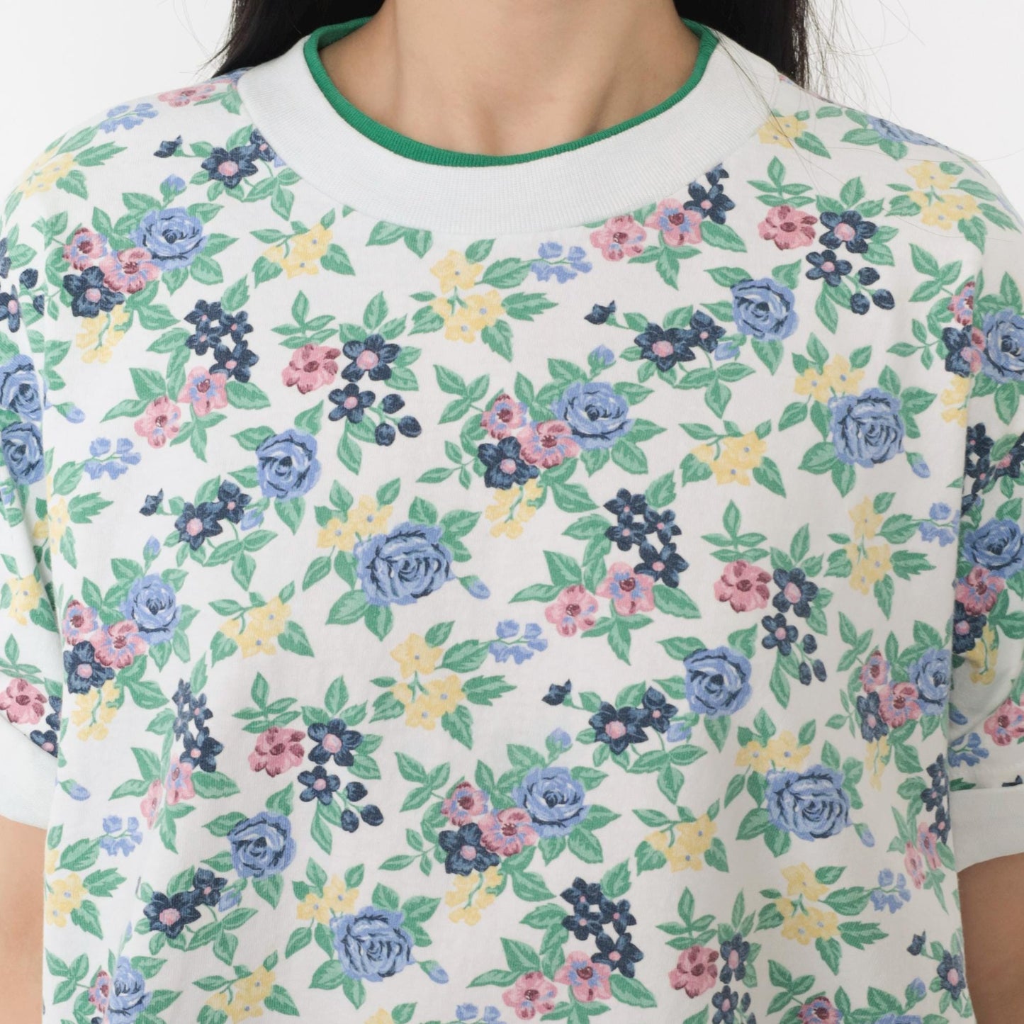 90s Floral Ringer Tee White Green Blue Rose Graphic Cuffed Sleeve Extra Large