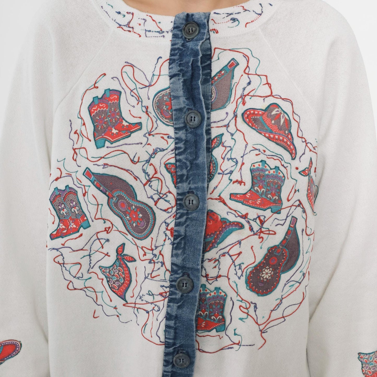 90s Western Cardigan Sweatshirt White Cowboy Boot Guitar Hat Applique Extra Large