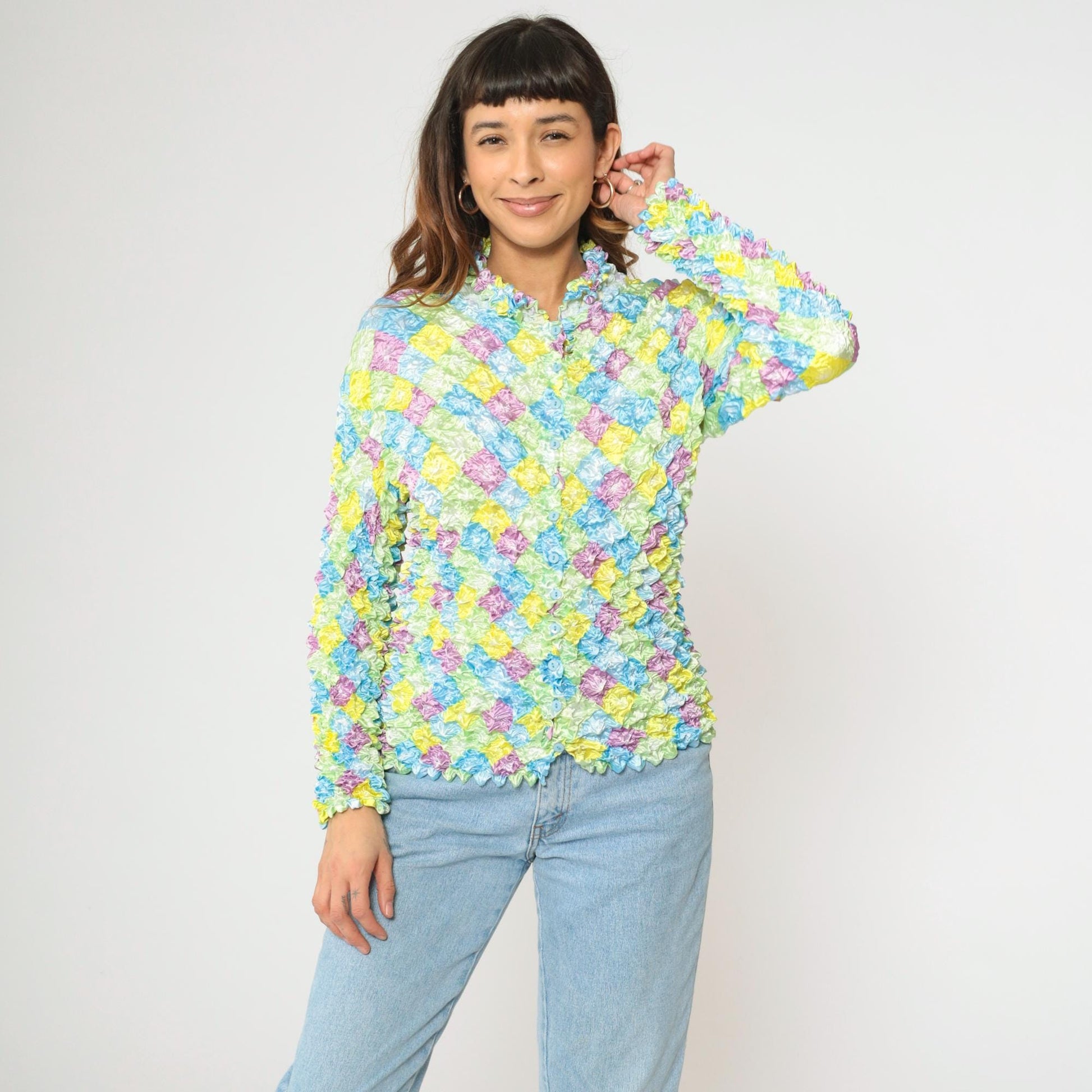 Y2K Pastel Harlequin Diamond Popcorn Shirt Crinkle Stretch Button Up Small