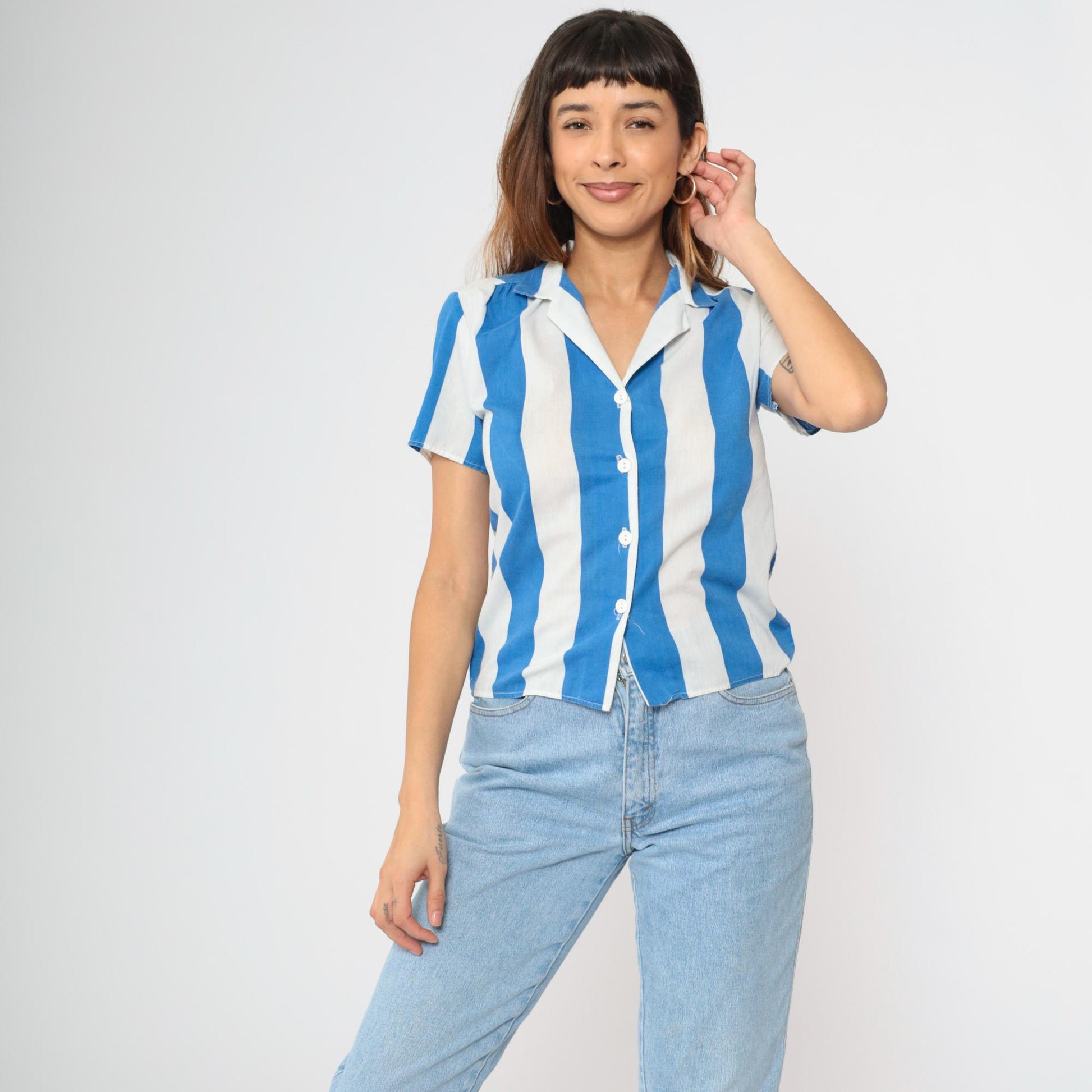80s Blue & White Striped Button Up Shirt Short Sleeve Blouse Small