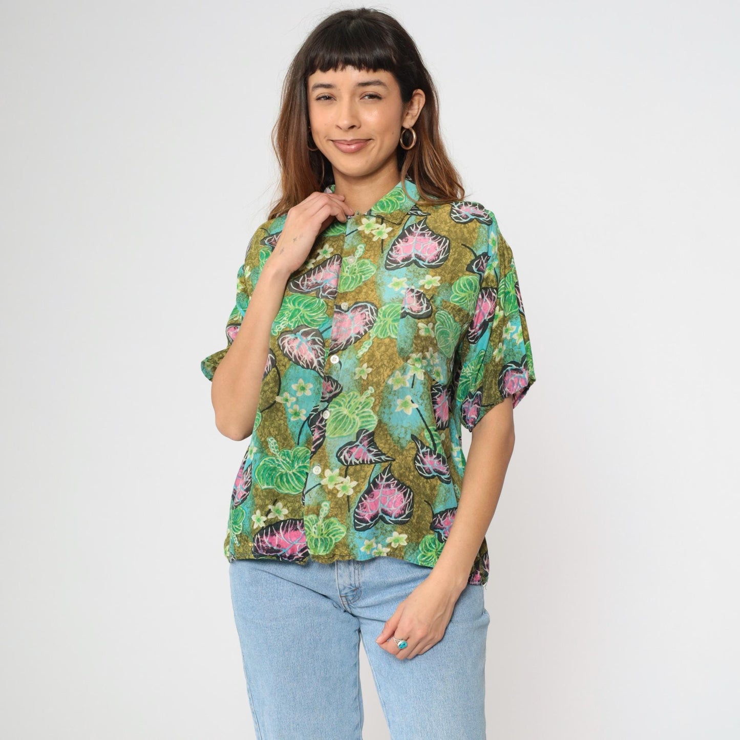 90s Tropical Floral Green Button Up Shirt Men's Medium Short Sleeve