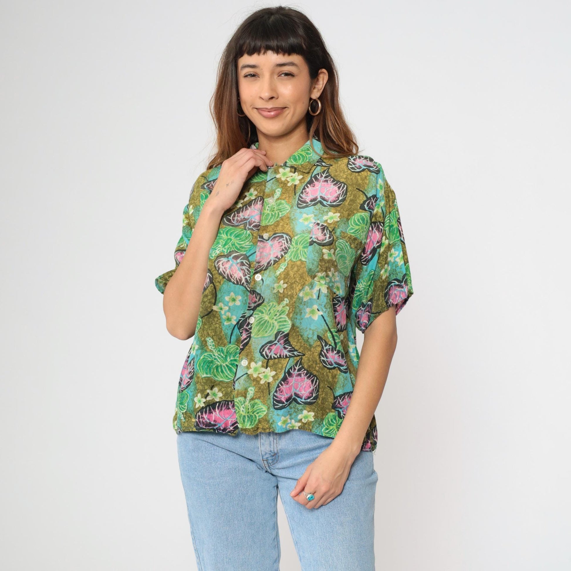 90s Tropical Floral Green Button Up Shirt Men's Medium Short Sleeve