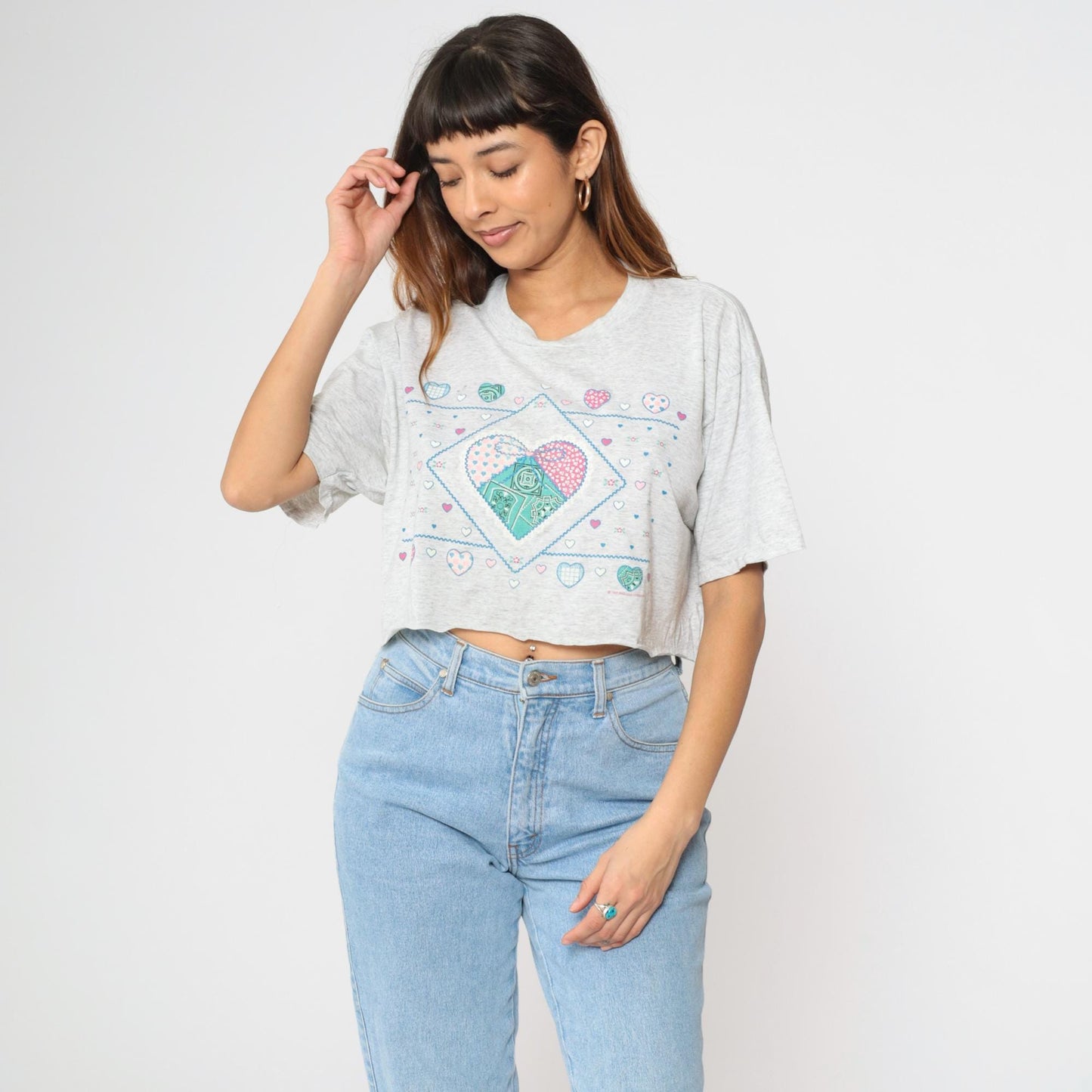 90s Jerzees Cropped Heart Patchwork T-Shirt Grey Graphic Tee Large L