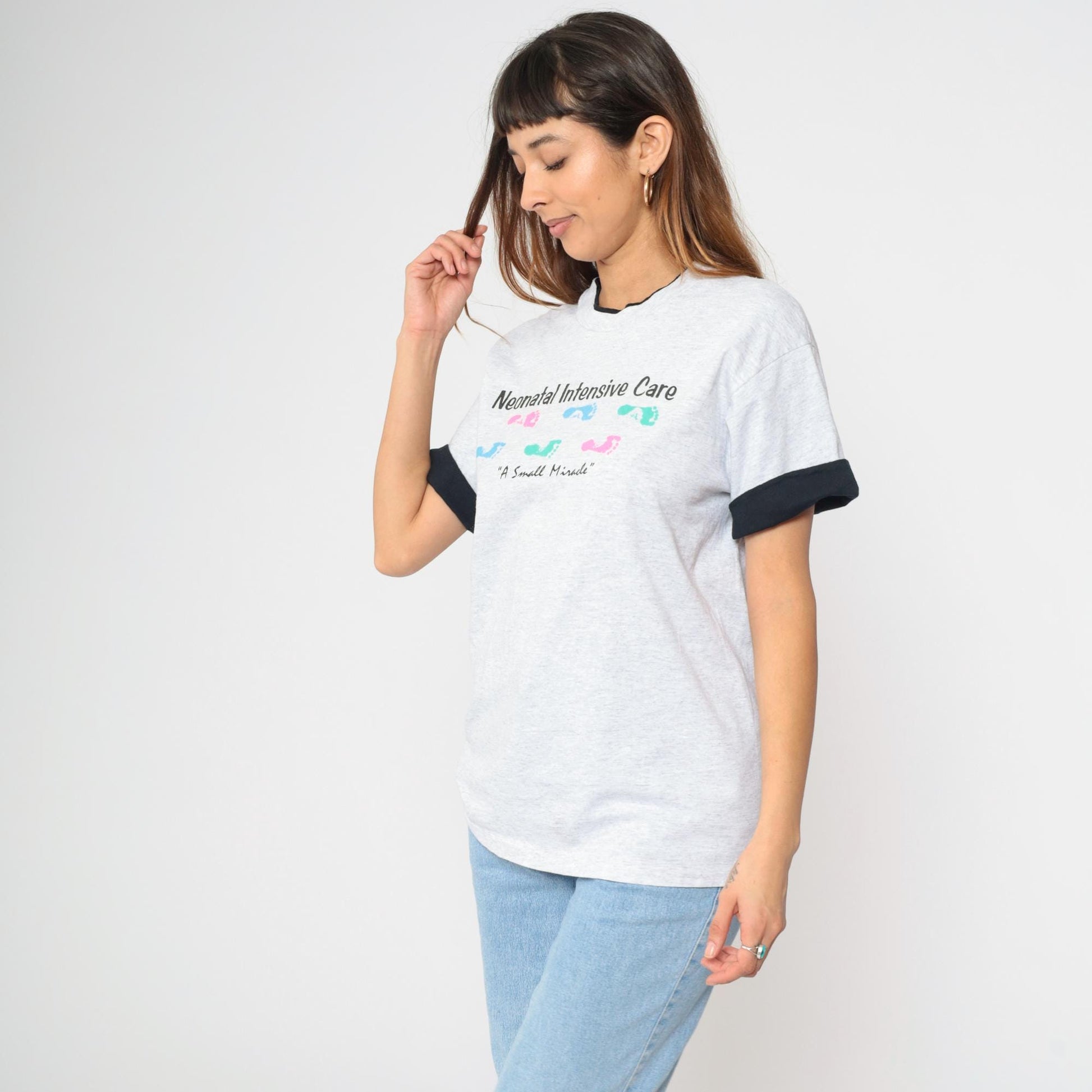 90s Neonatal Intensive Care T-Shirt Grey Ringer Tee Baby Footprint Medium