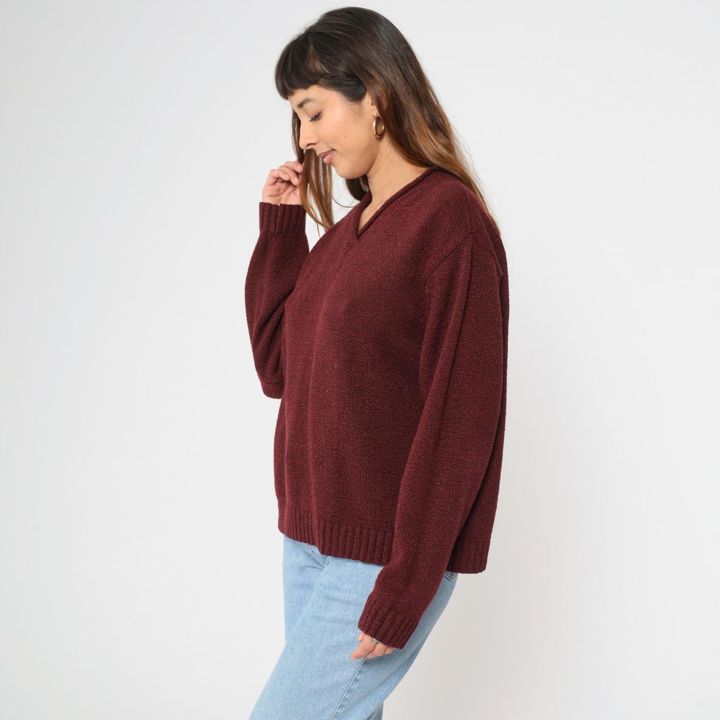 90s Burgundy V-Neck Knit Sweater Pullover Medium M
