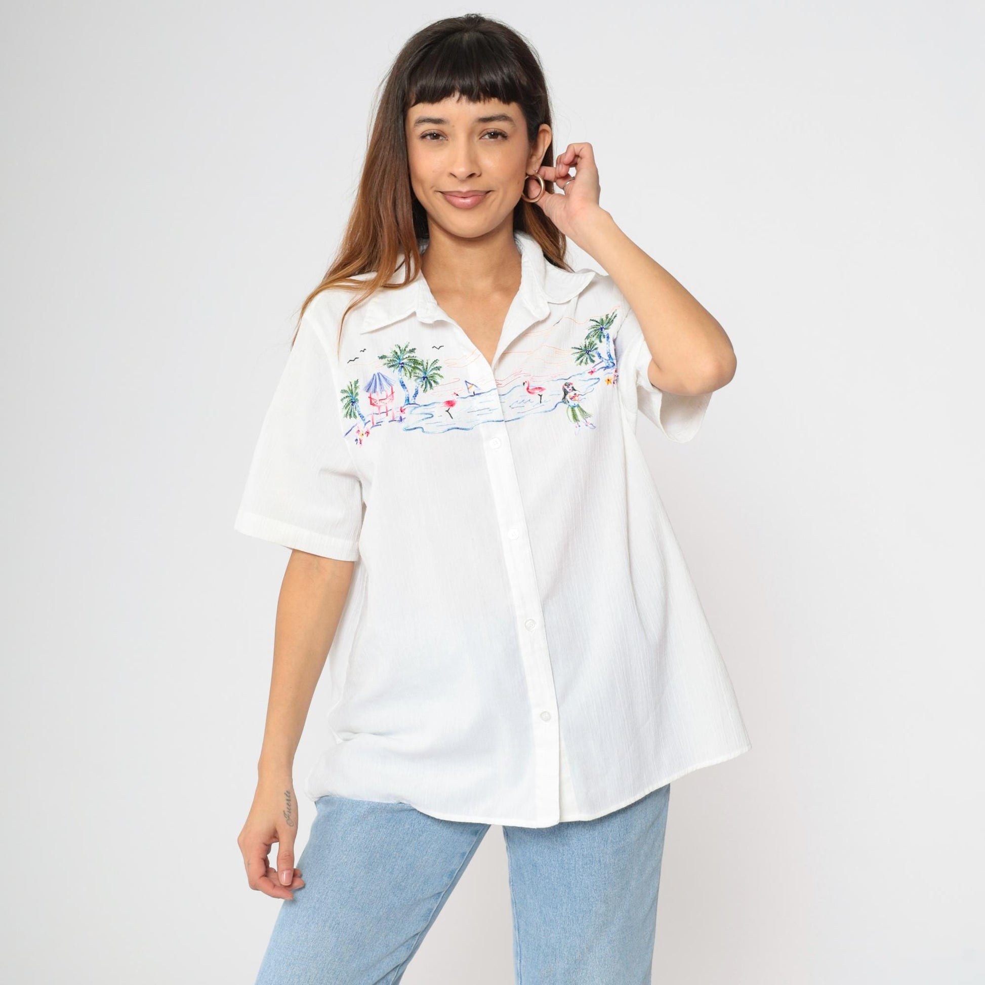 90s Alfred Dunner Hawaiian Shirt White Hula Girl Embroidered XL