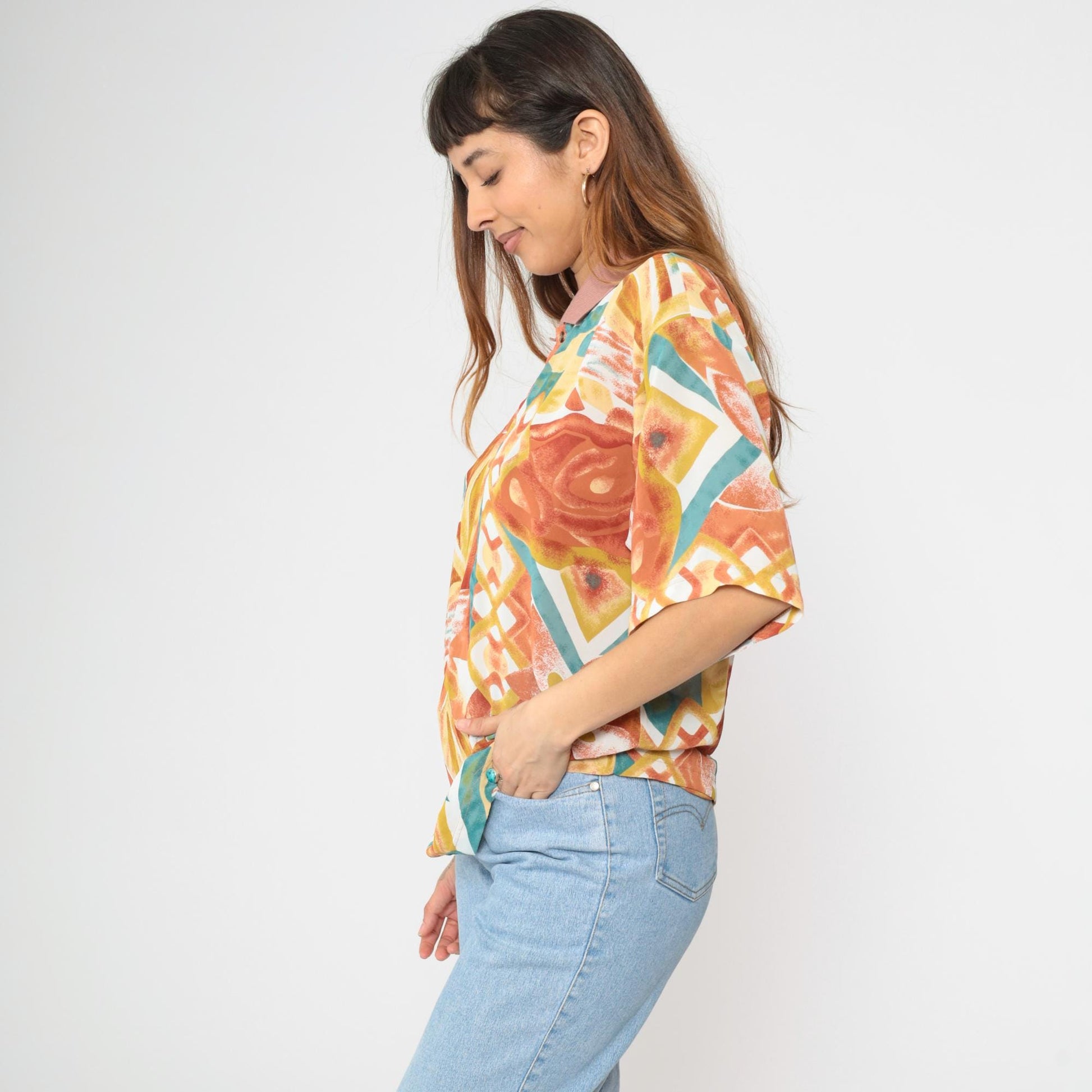 Y2K Tropical Floral Polo Shirt Multicolor Abstract Print Orange Large