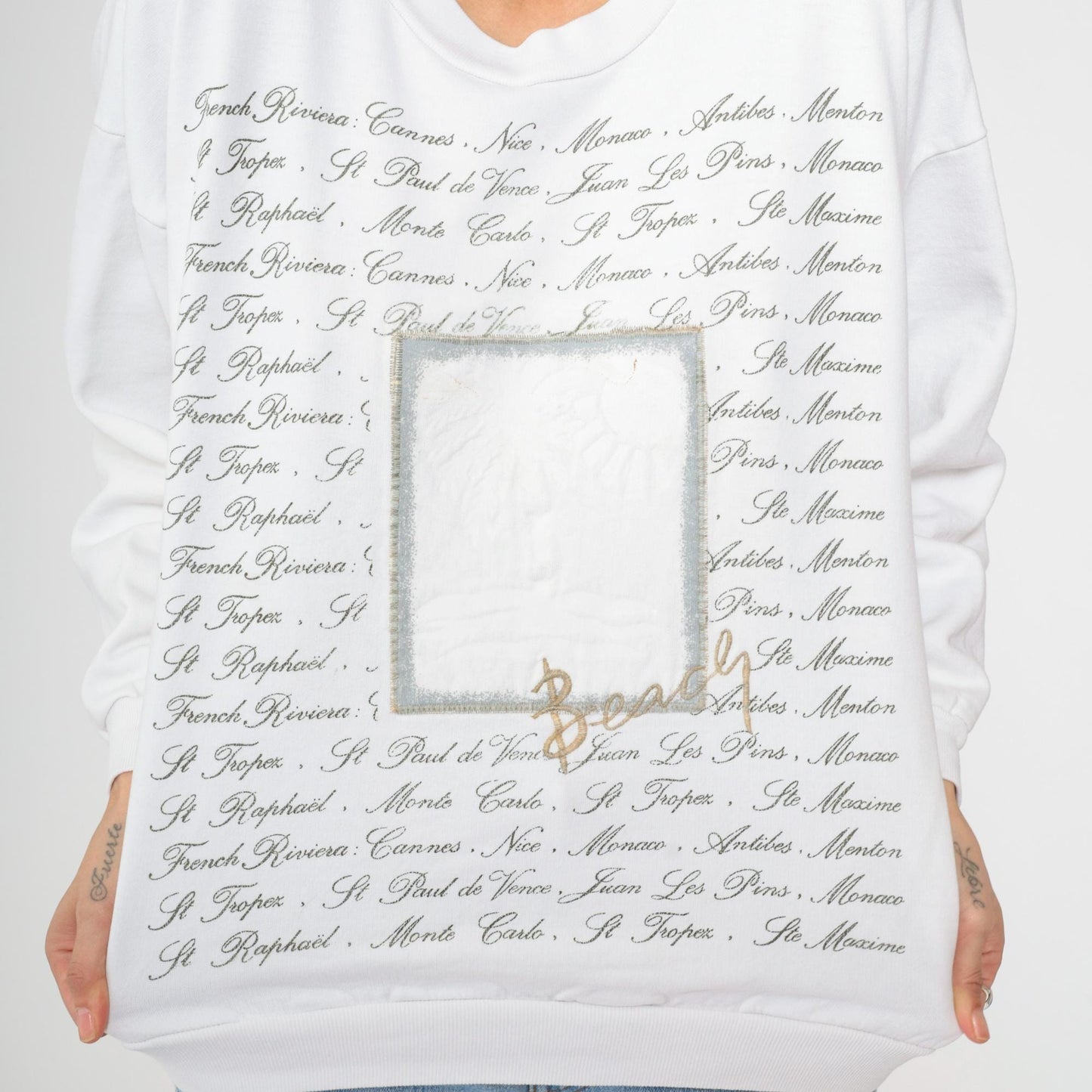 90s French Riviera Sweatshirt White Palm Tree Beach Print Crewneck Large L