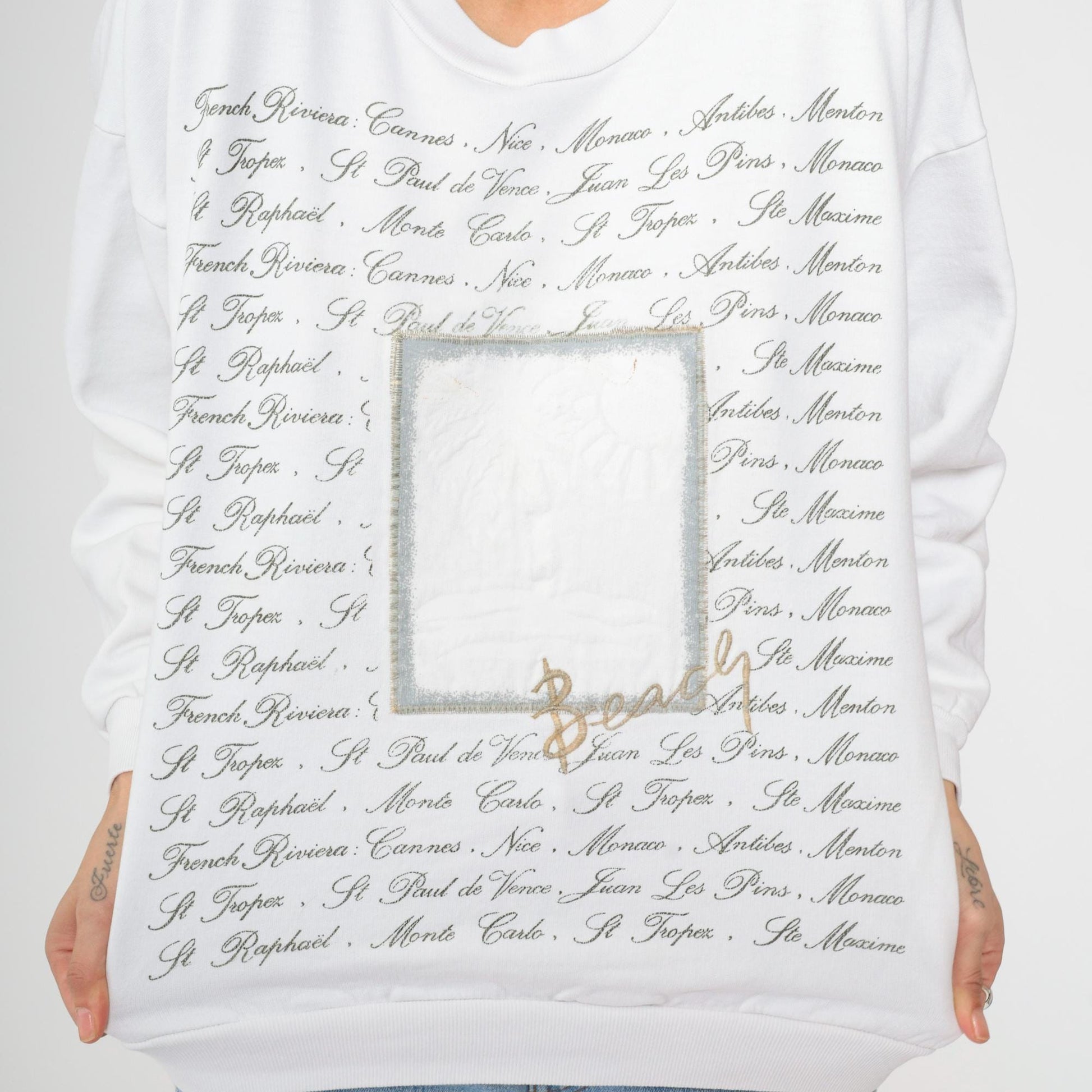 90s French Riviera Sweatshirt White Palm Tree Beach Print Crewneck Large L