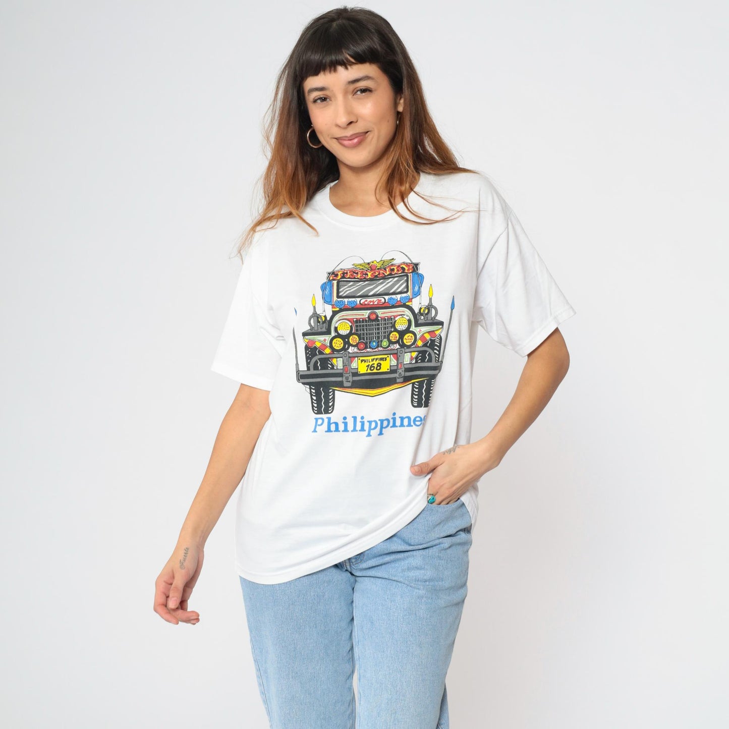 Philippines Jeepney Graphic T-Shirt White Crew Neck Travel Souvenir Large L