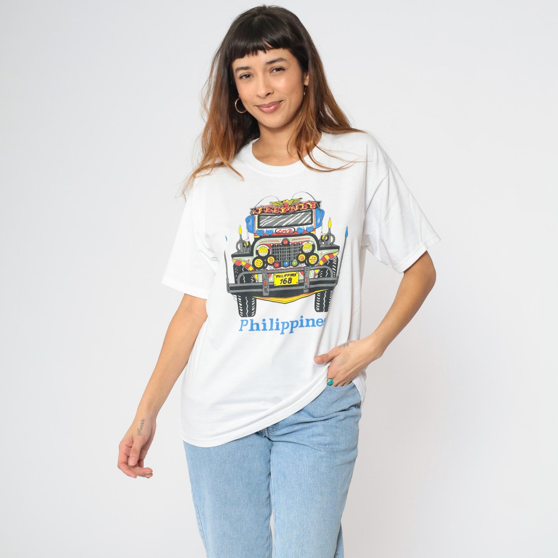 Philippines Jeepney Graphic T-Shirt White Crew Neck Travel Souvenir Large L