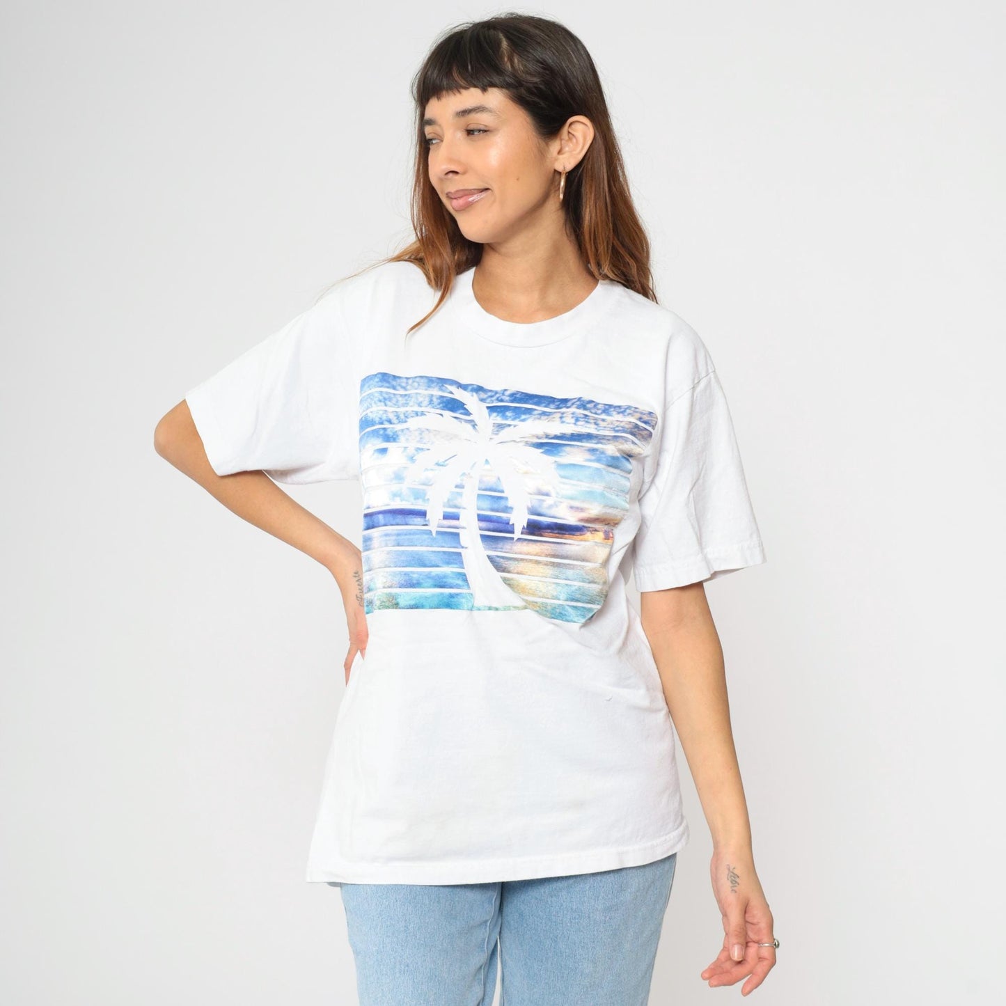 90s Palm Tree Sunset Graphic T-Shirt White Cotton Crew Neck Large L