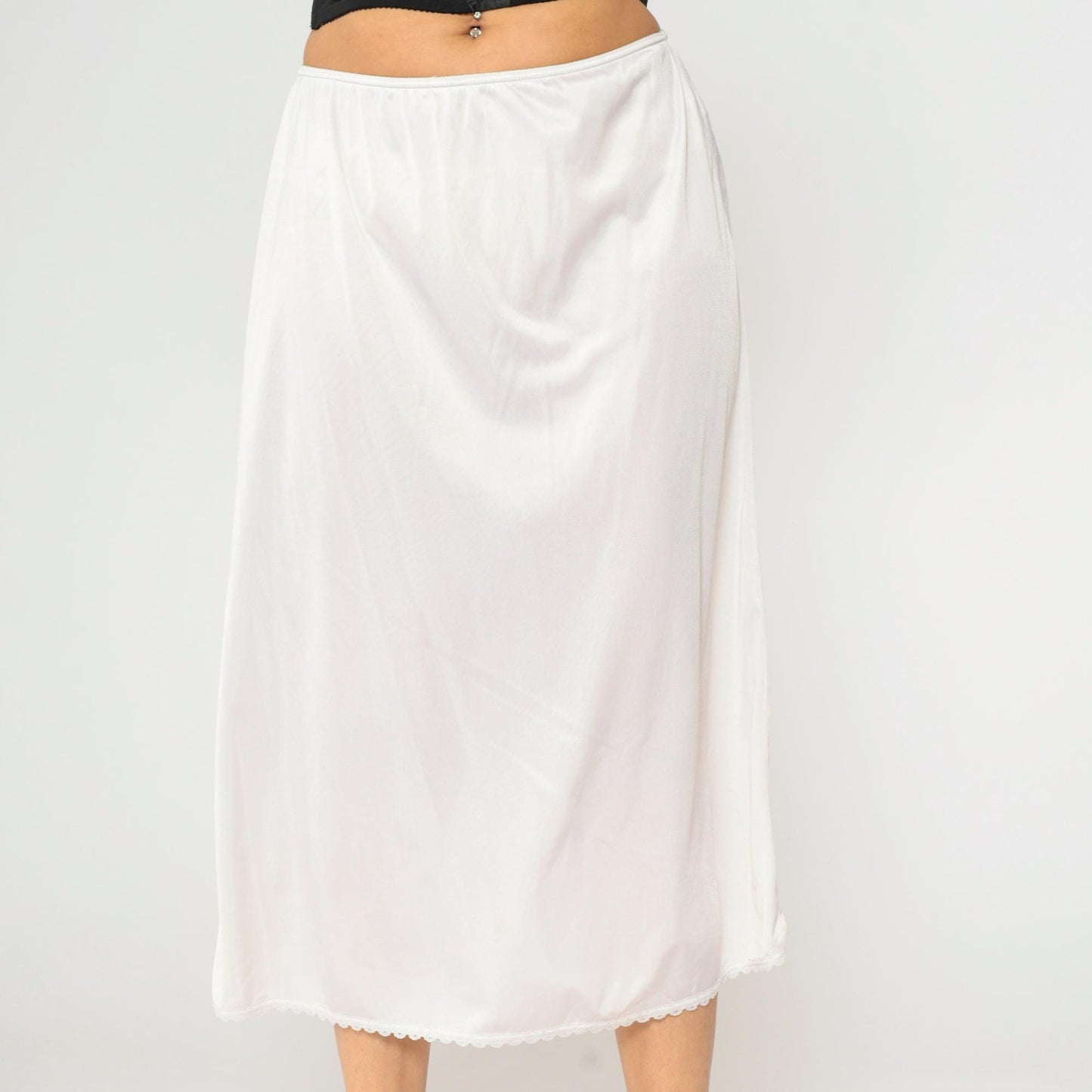80s Warner's White Nylon Slip Skirt Scalloped Lace Midi Extra Large