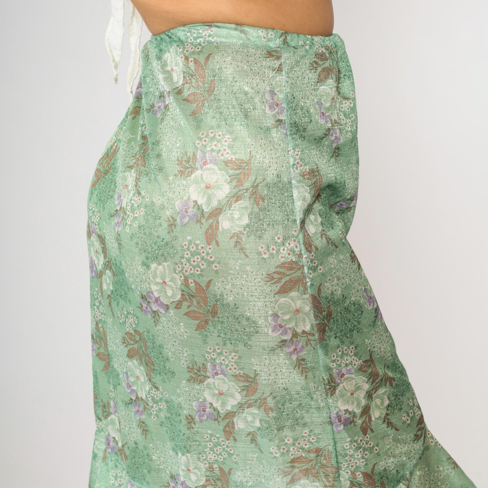 70s Green Floral High-Low Skirt Ruffled Hem Elastic Waist Small