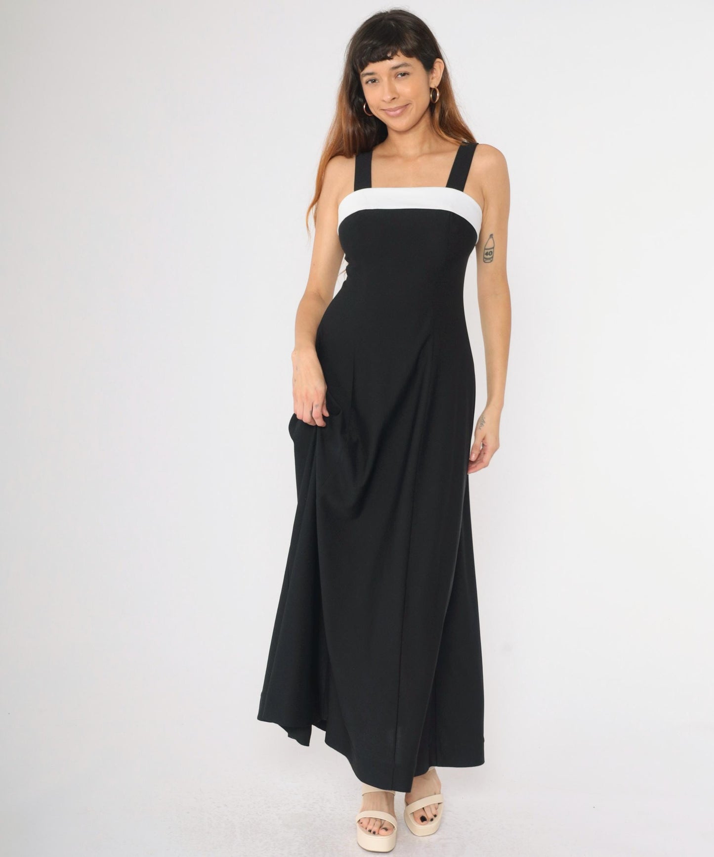 Y2K Black Maxi Dress White Chest Panel Square Neck Sleeveless Small 4
