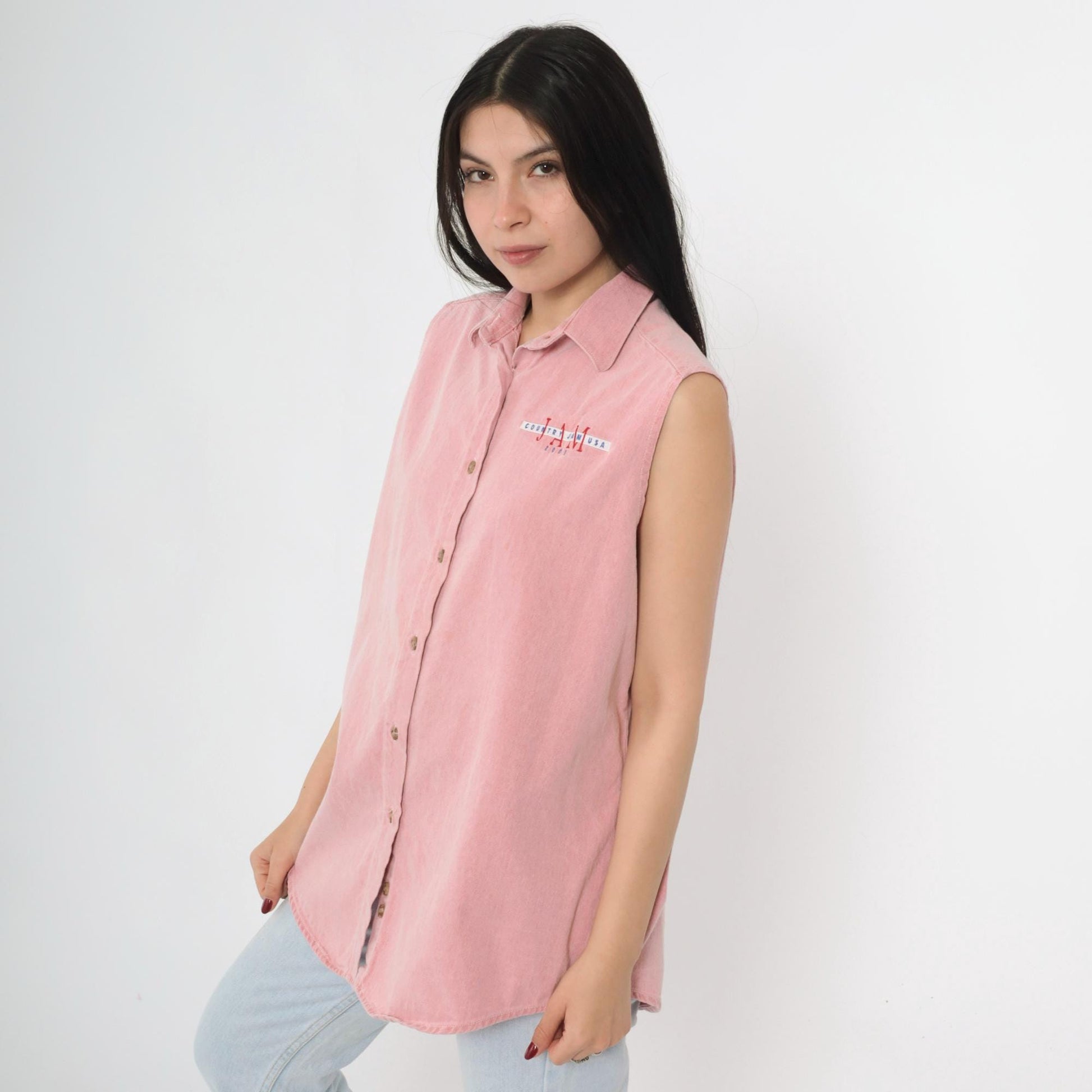 Y2K Country Jam USA 2001 Pink Denim Sleeveless Shirt Embroidered Western Large L