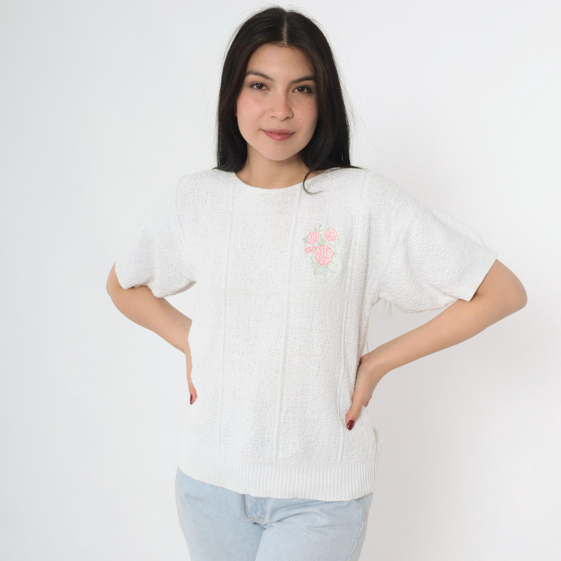80s Lauren Knitwear Floral Embroidered Cotton Knit Top White Short Sleeve Small