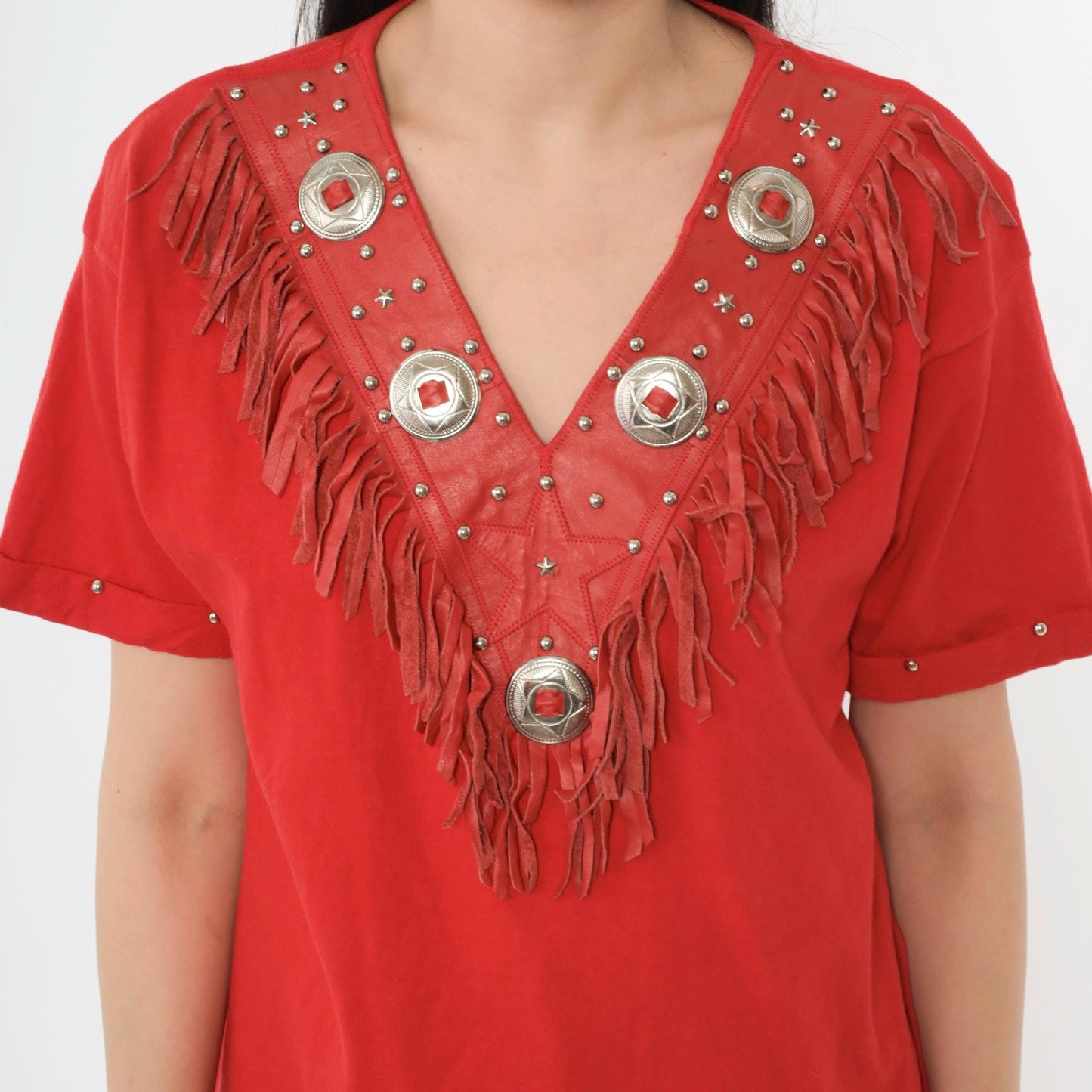 90s Pierre Pascal Red Leather Fringe Western T-Shirt Concho Stud V-Neck Medium