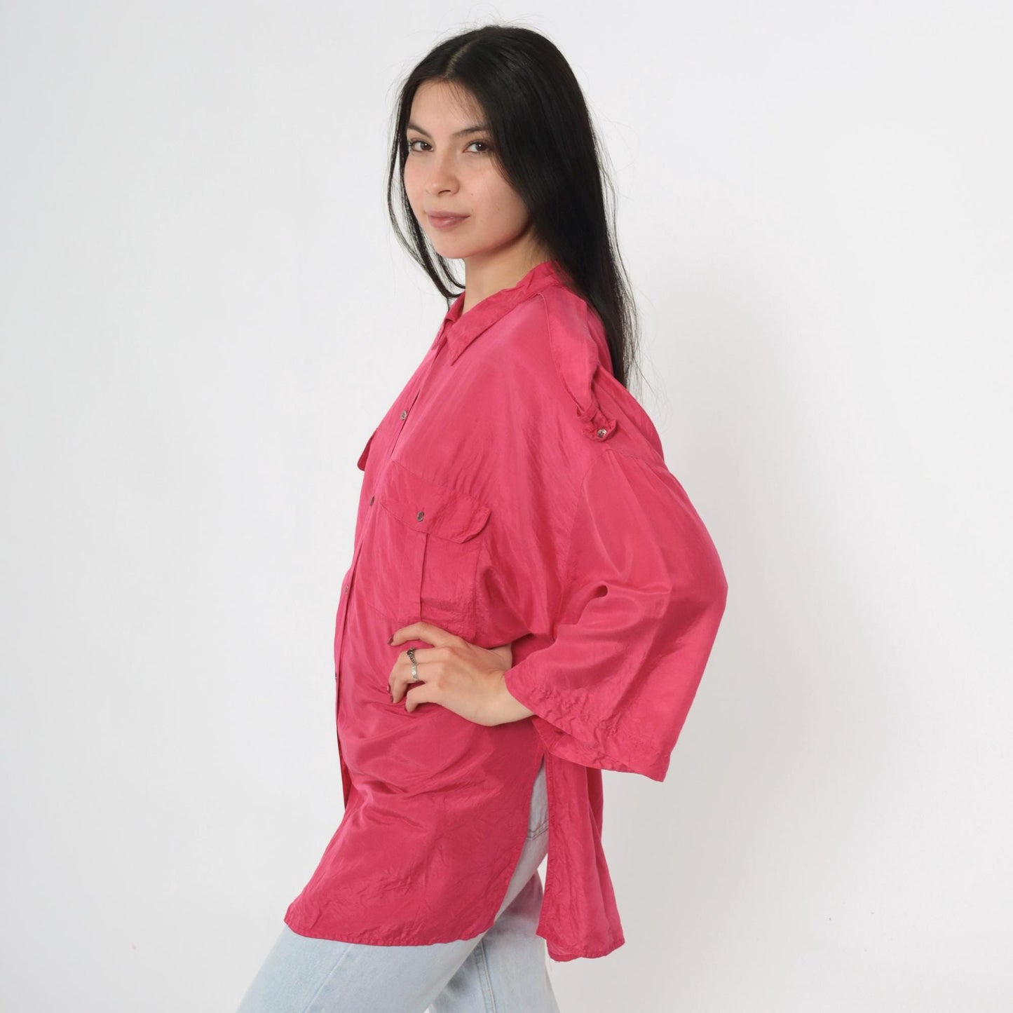 90s Pink Silk Button-Up Blouse Epaulet Chest Pockets Long Sleeve Large 14
