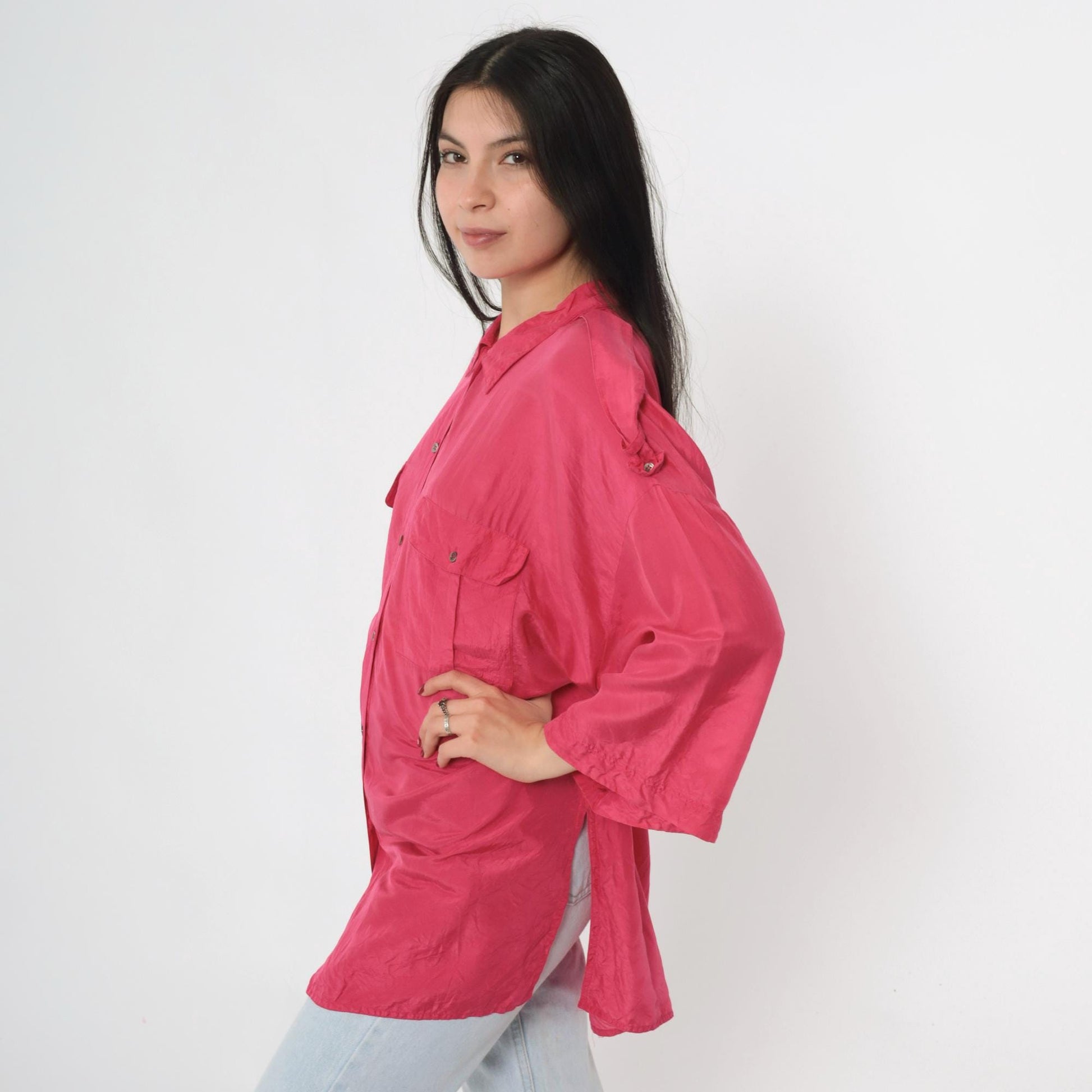90s Pink Silk Button-Up Blouse Epaulet Chest Pockets Long Sleeve Large 14