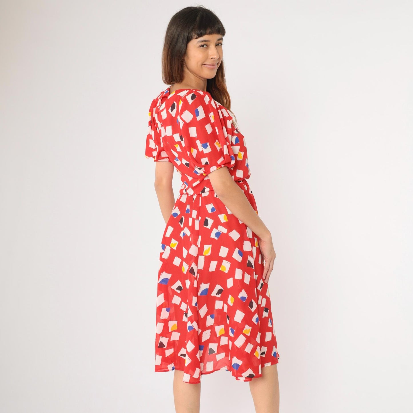 80s L Rothschild Red Abstract Geometric Midi Dress Puff Sleeve Medium
