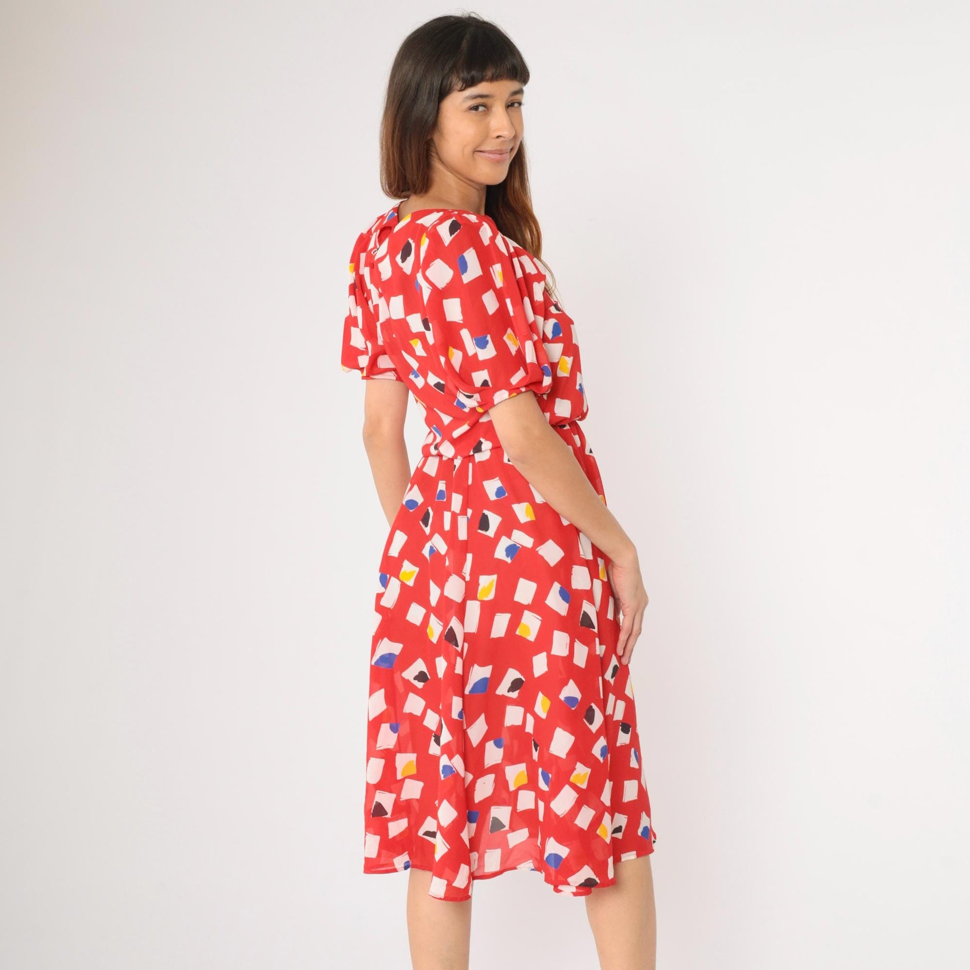 80s L Rothschild Red Abstract Geometric Midi Dress Puff Sleeve Medium