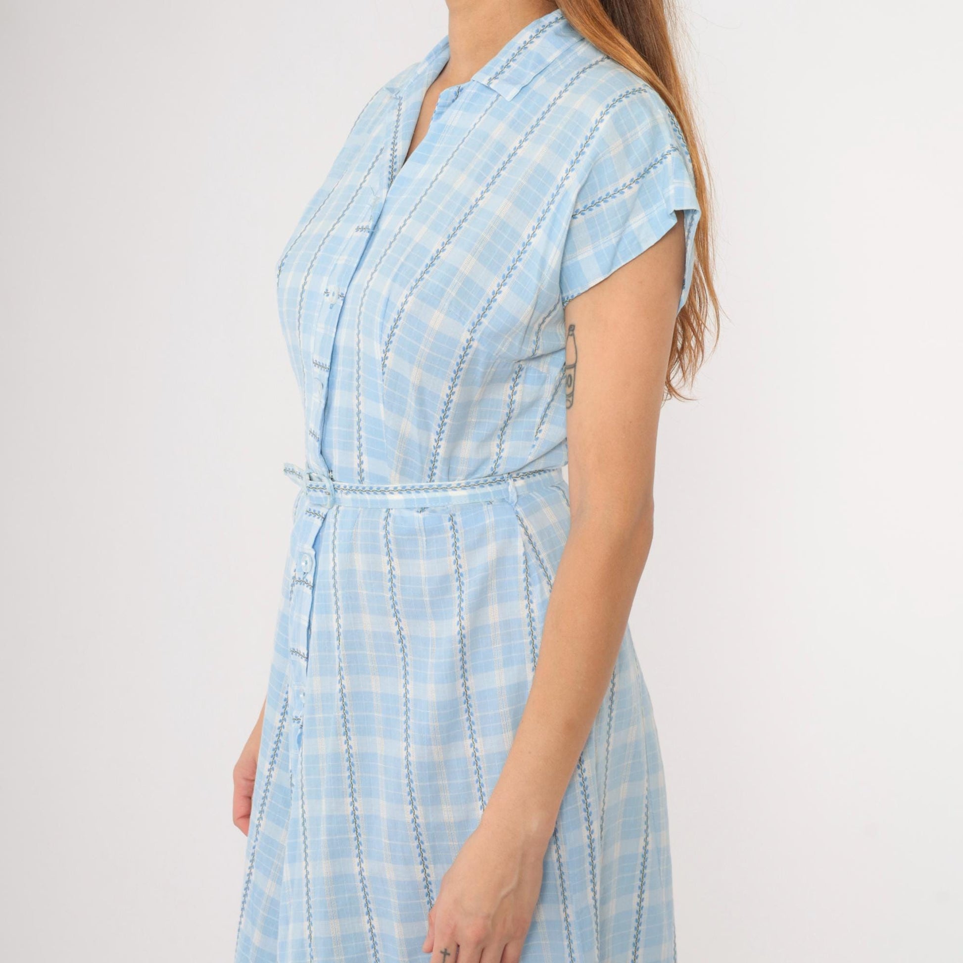 60s Brentwood Frocks Light Blue Plaid Shirtdress High Waist Button Front Small