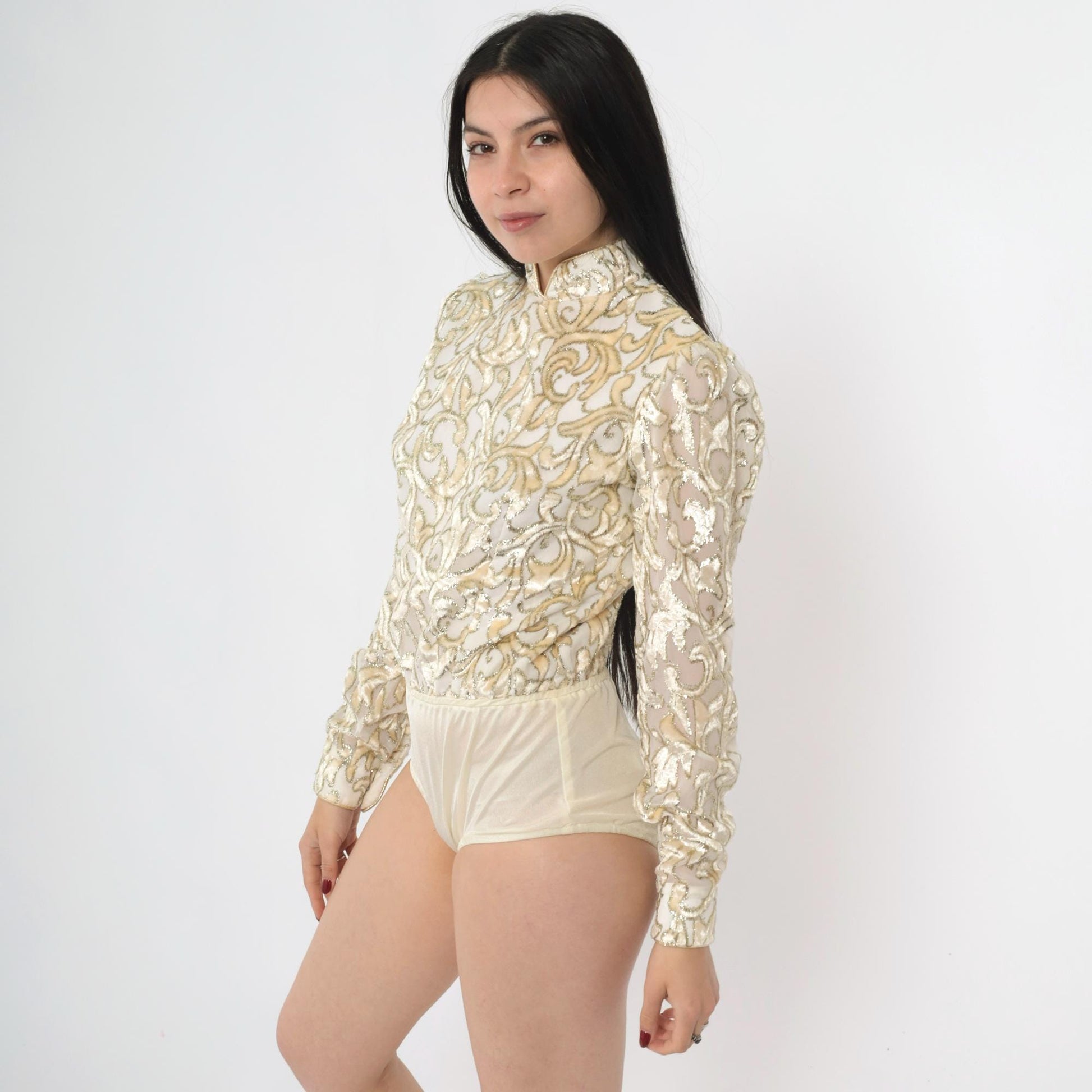 80s Metallic Velvet Burnout Bodysuit Ivory Gold Mandarin Collar Long Sleeve Extra Small