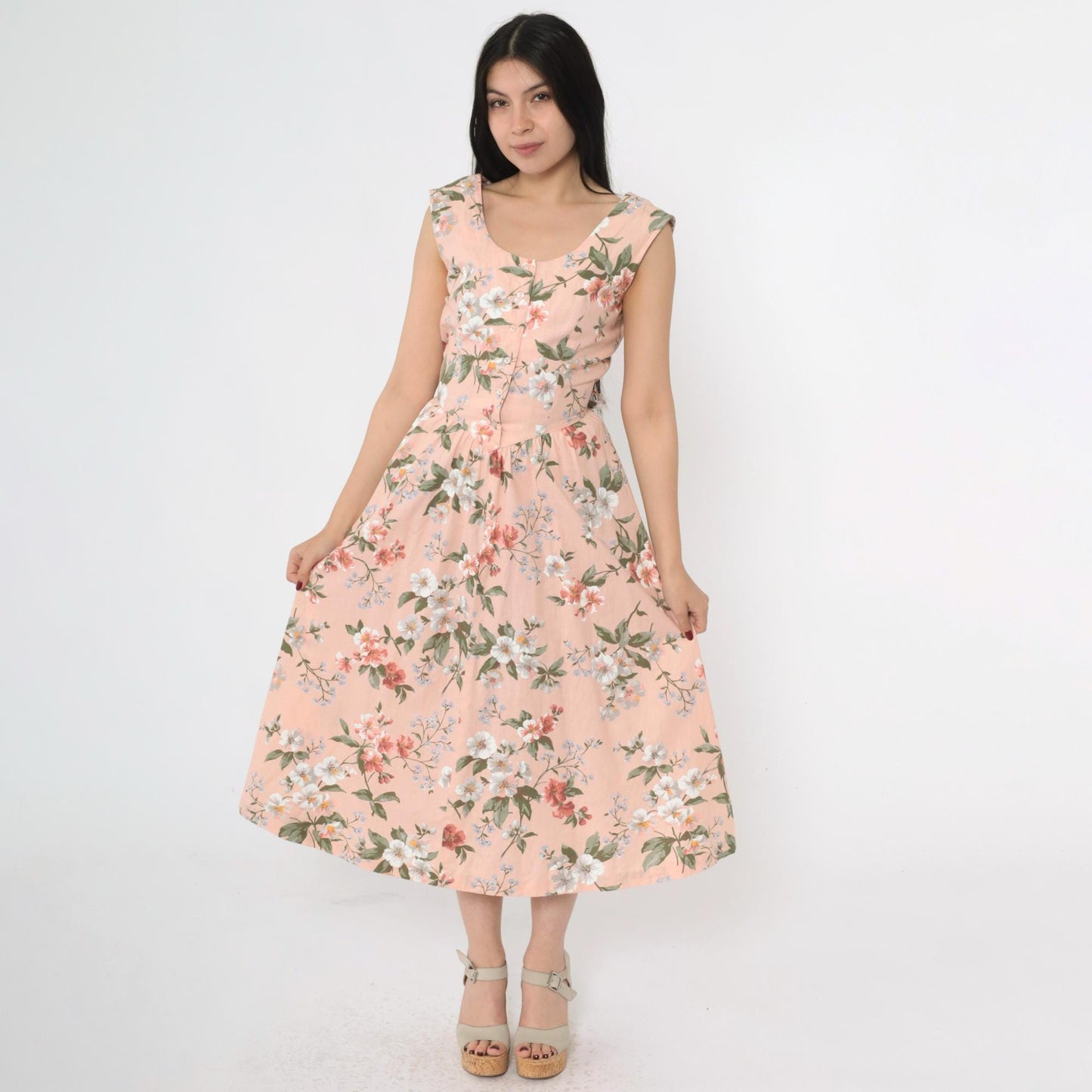 80s Pink Floral Midi Shirtdress Basque Waist Cap Sleeve Button Front Medium