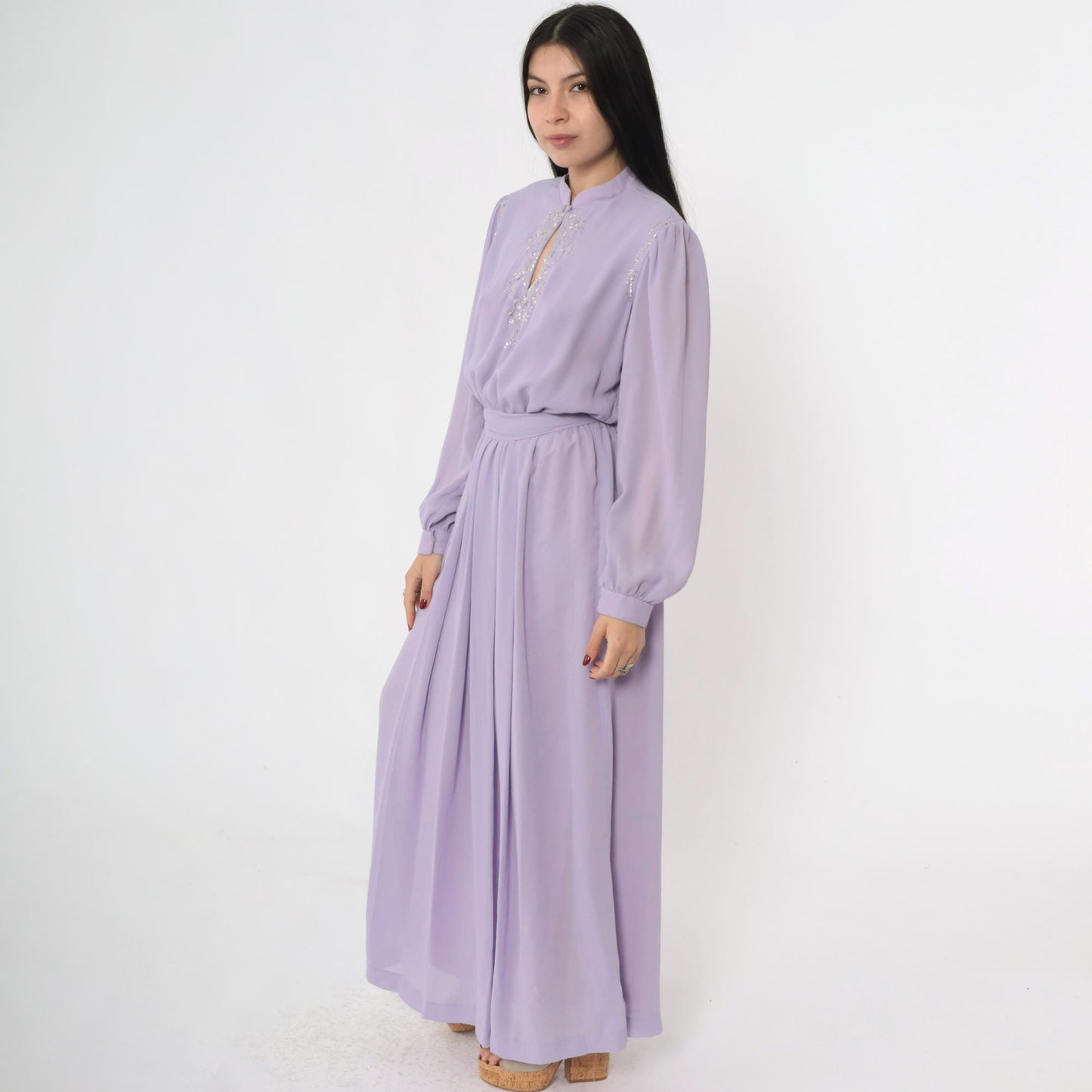 80s Lavender Chiffon Maxi Dress Beaded Sequin Puff Sleeve Mandarin Collar Medium M