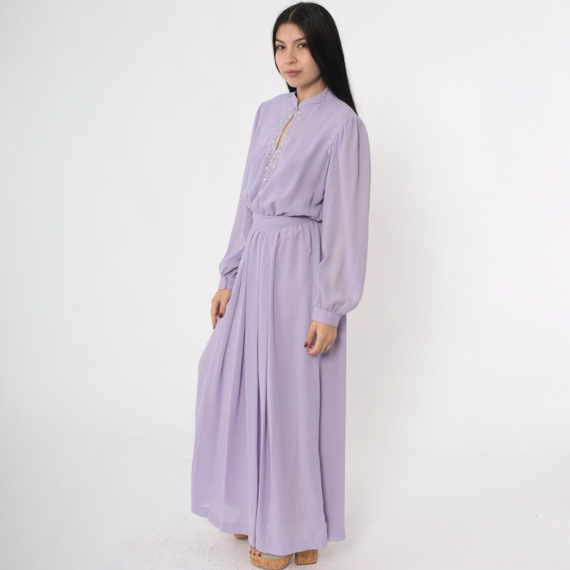 80s Lavender Chiffon Maxi Dress Beaded Sequin Puff Sleeve Mandarin Collar Medium M