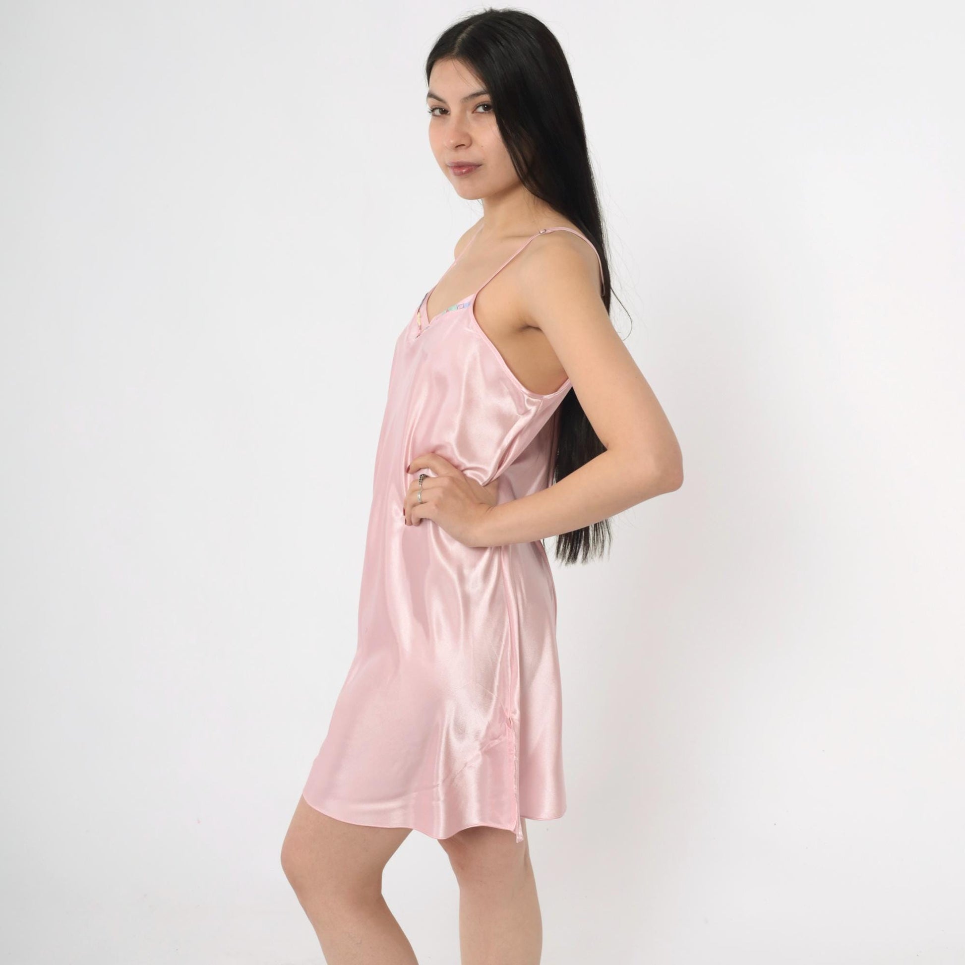90s Pink Satin Slip Dress V Back Tank Strap Mini Nightgown Medium