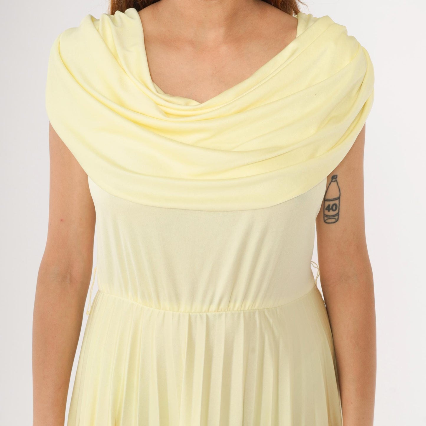 70s Vicky Vaughn Junior Yellow Cowl Neck Midi Dress Pleated Sleeveless Medium M